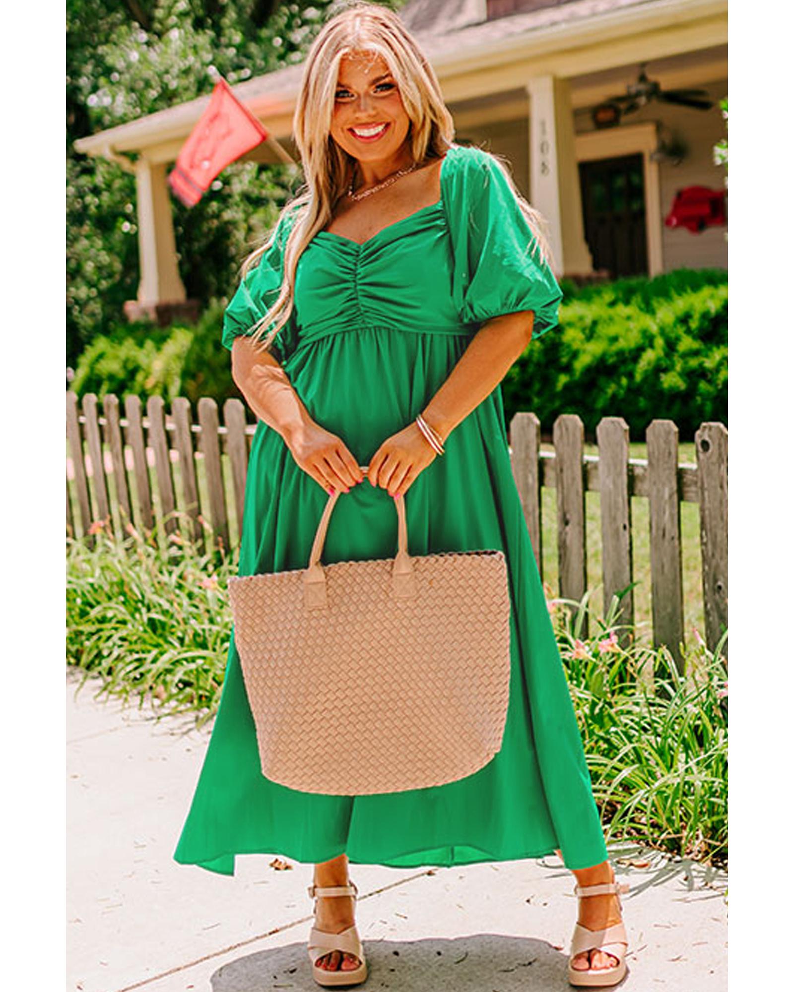 Bright Green Ruched Front Puff Sleeve Plus Size Long Dress - 2X 6