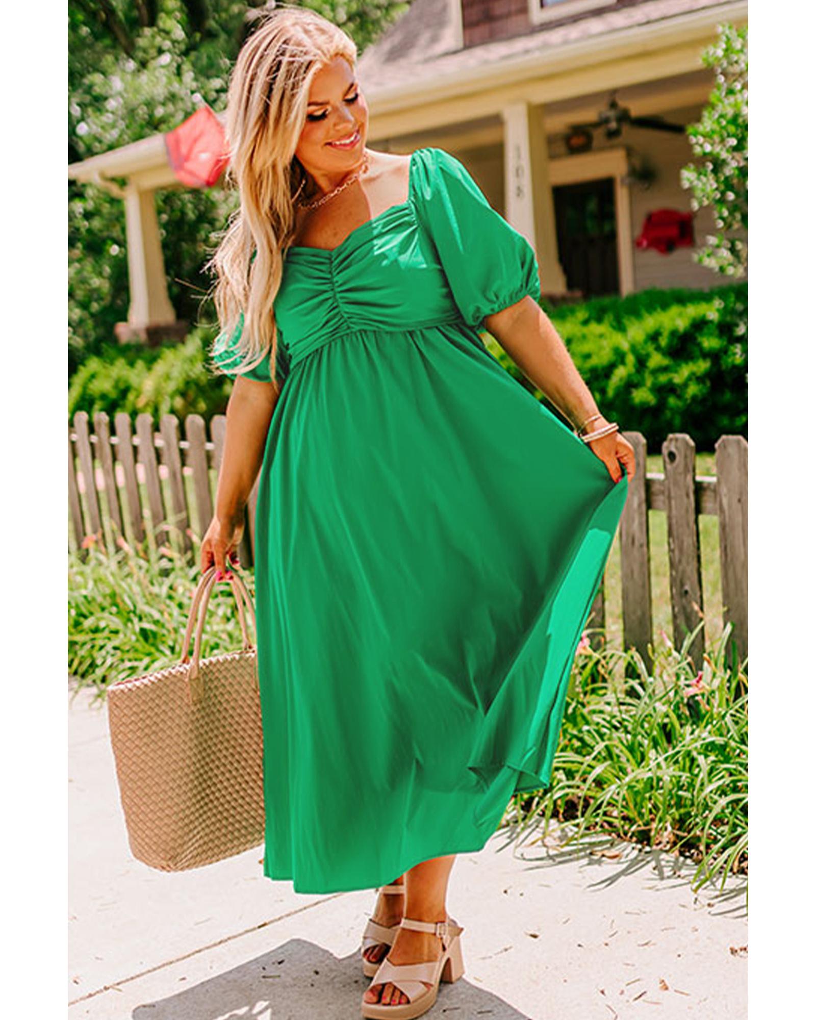 Bright Green Ruched Front Puff Sleeve Plus Size Long Dress - 3X 4