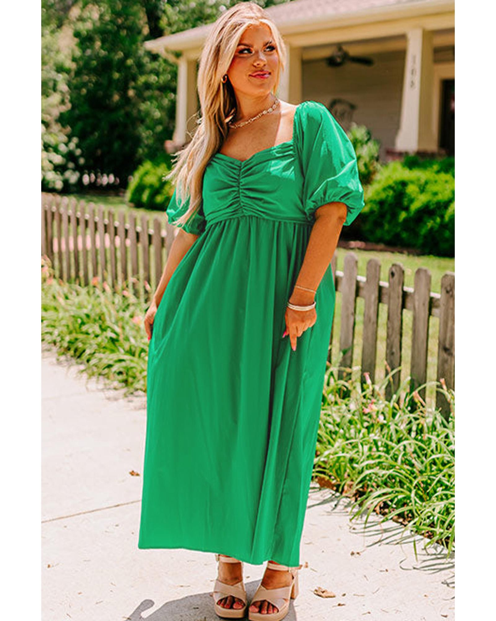 Bright Green Ruched Front Puff Sleeve Plus Size Long Dress - 3X 5