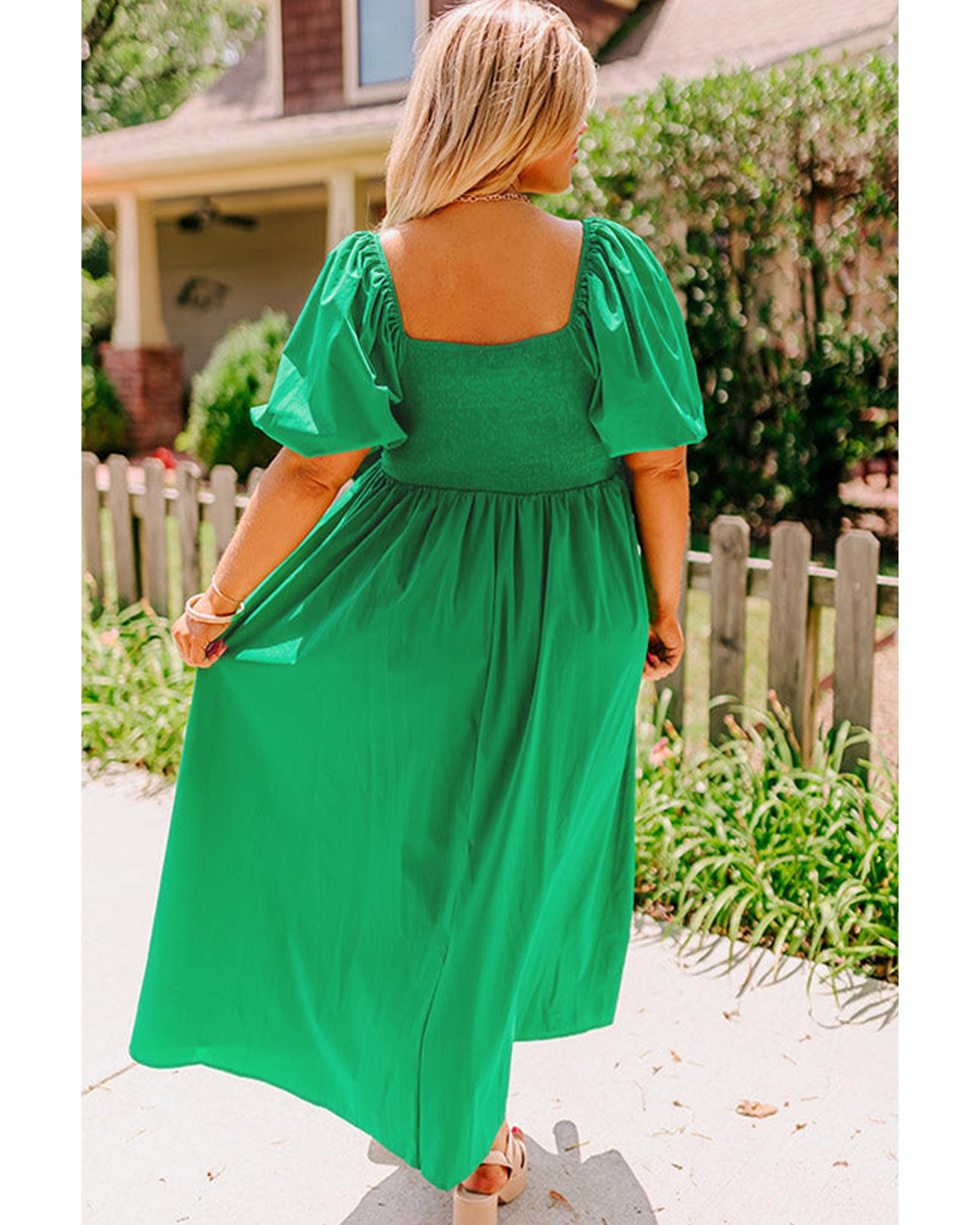 Bright Green Ruched Front Puff Sleeve Plus Size Long Dress - 4X