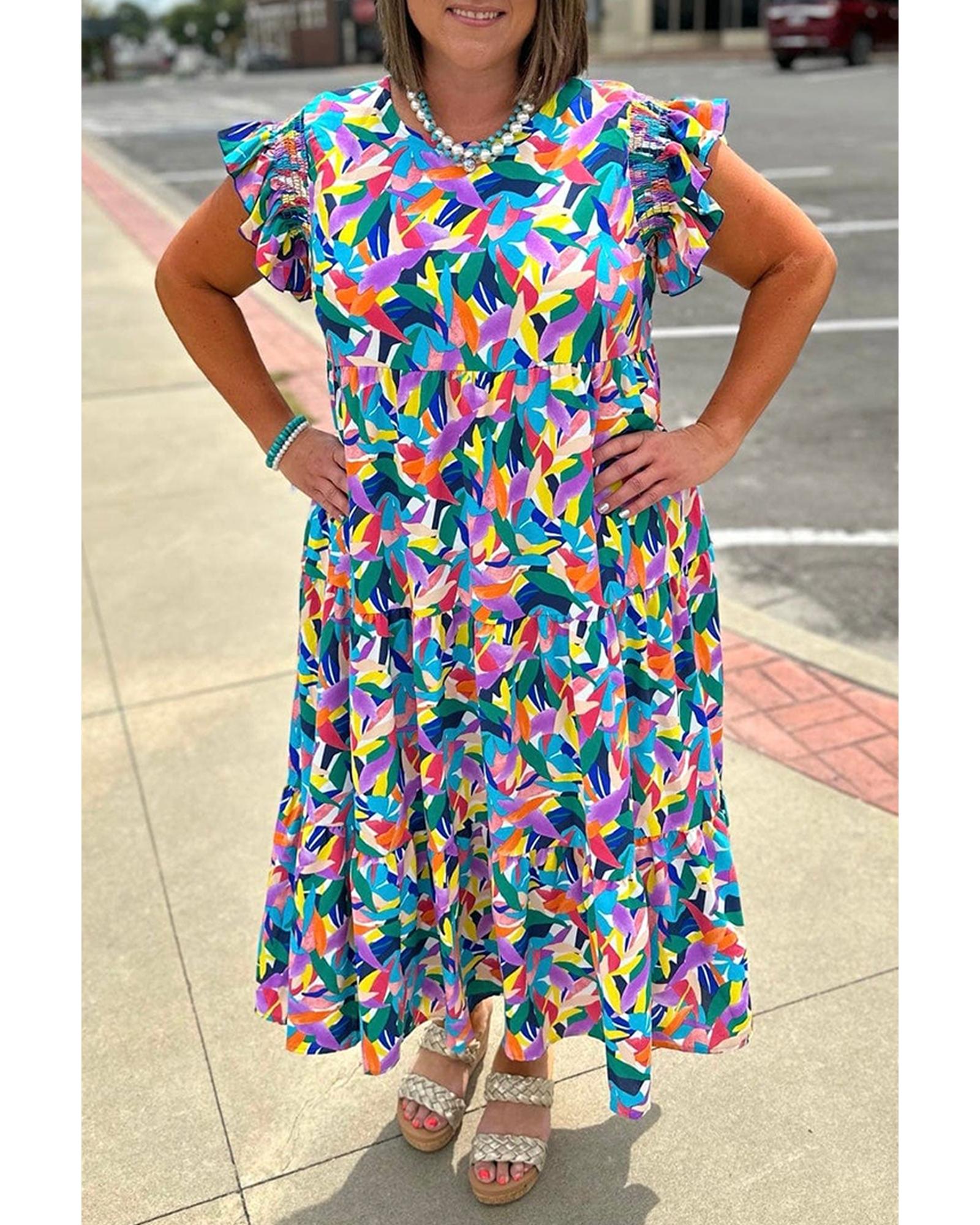 Blue Geometric Print Ruffled Short Sleeve Plus Size Tiered Maxi Dress - 1X