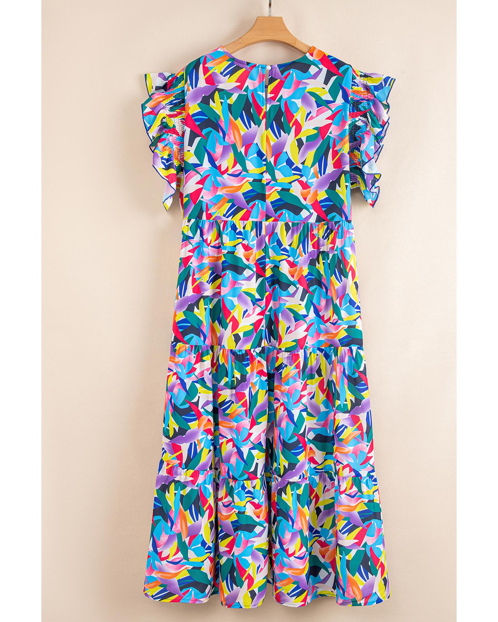 Blue Geometric Print Ruffled Short Sleeve Plus Size Tiered Maxi Dress - 1X 6