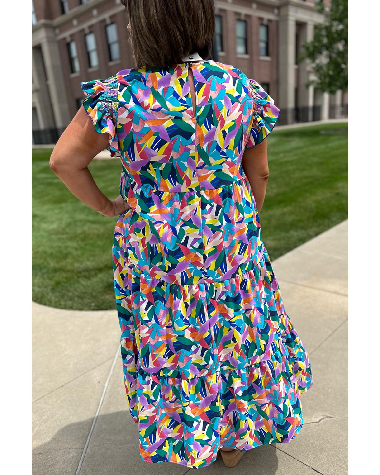 Blue Geometric Print Ruffled Short Sleeve Plus Size Tiered Maxi Dress - 3X