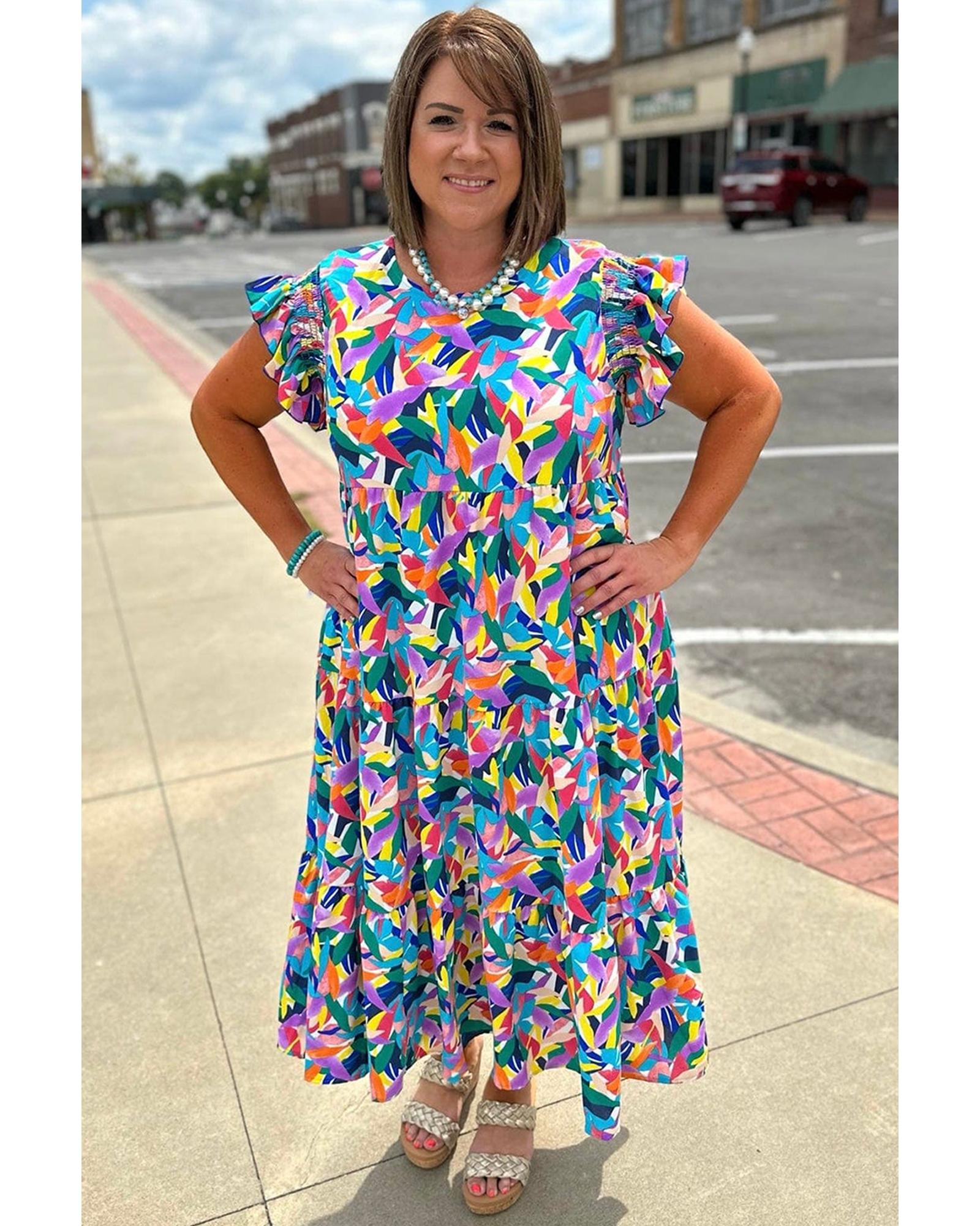 Blue Geometric Print Ruffled Short Sleeve Plus Size Tiered Maxi Dress - 3X 3