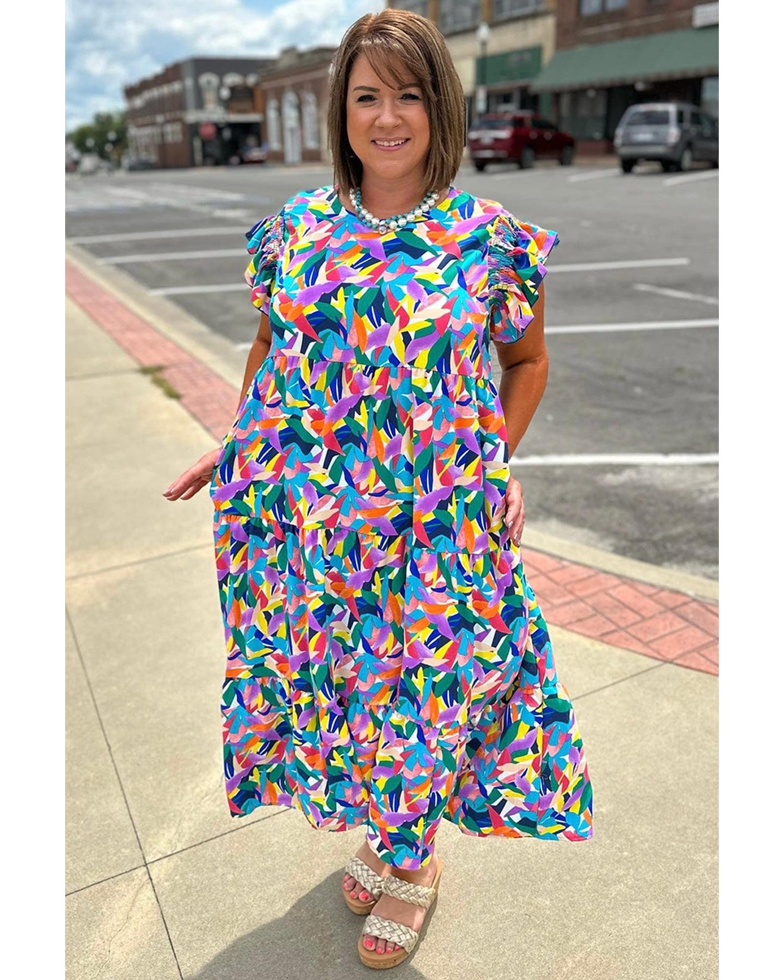 Blue Geometric Print Ruffled Short Sleeve Plus Size Tiered Maxi Dress - 3X 6