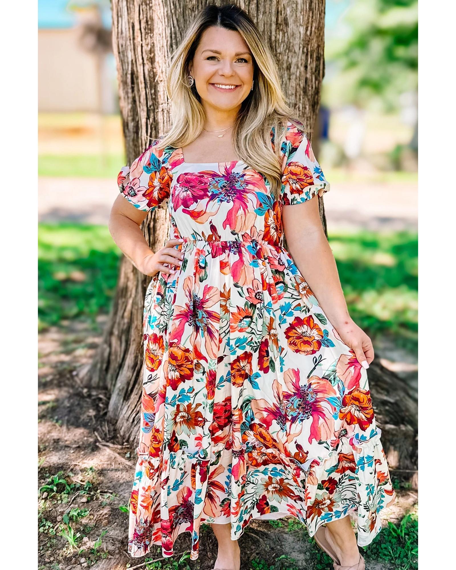 White Floral Square Neck Puff Sleeve Flowy Plus Size Midi Dress - 1X