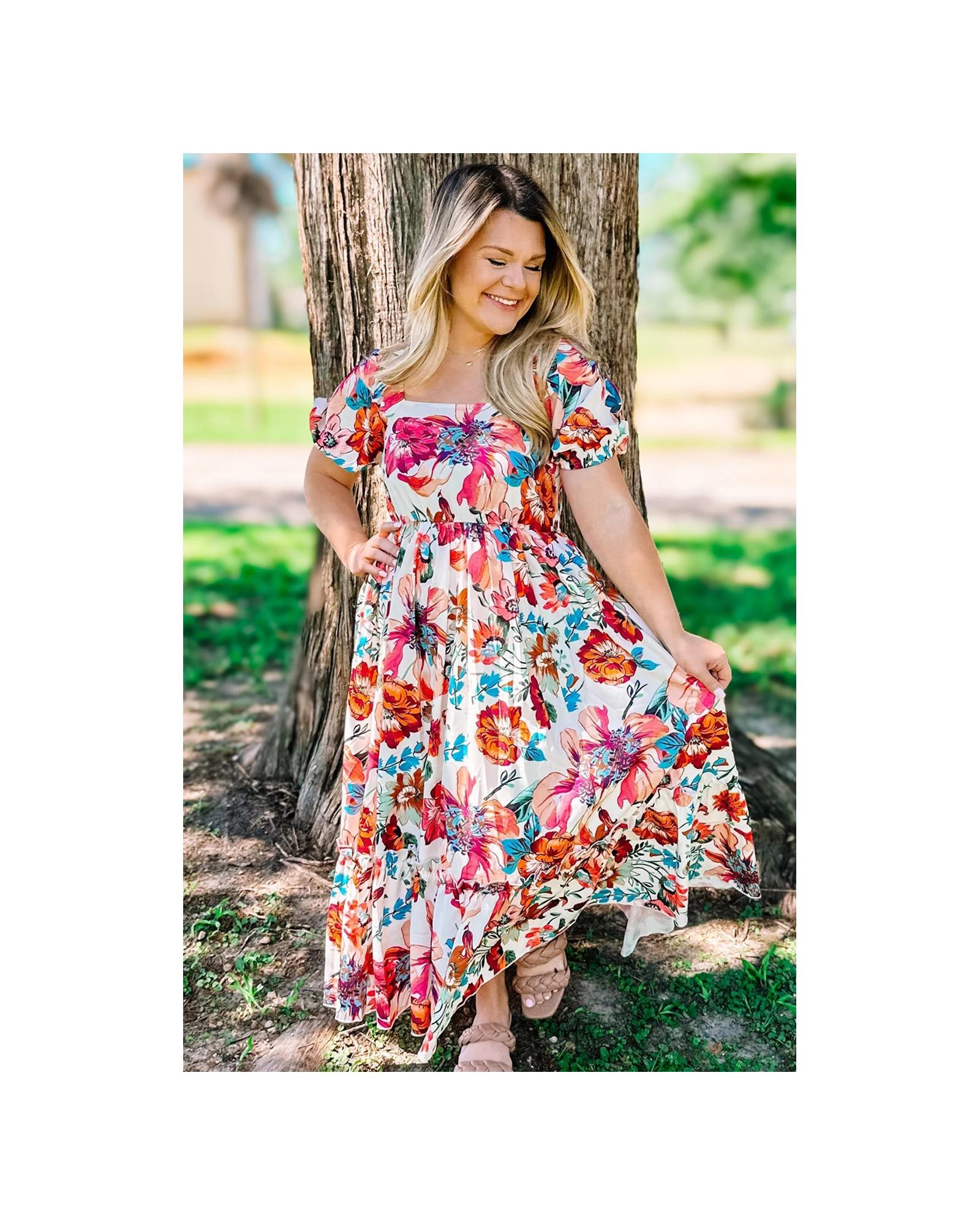 White Floral Square Neck Puff Sleeve Flowy Plus Size Midi Dress - 1X 3