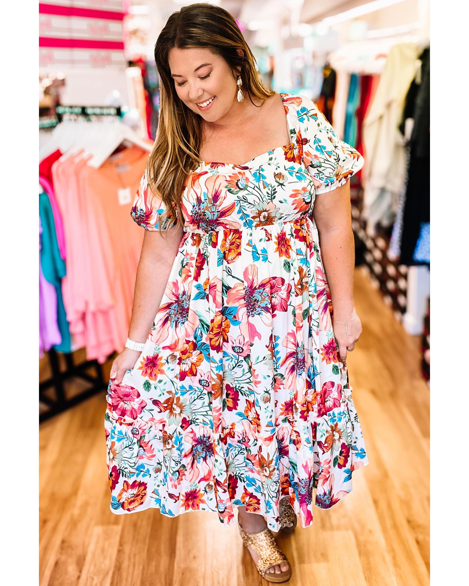 White Floral Square Neck Puff Sleeve Flowy Plus Size Midi Dress - 1X 4