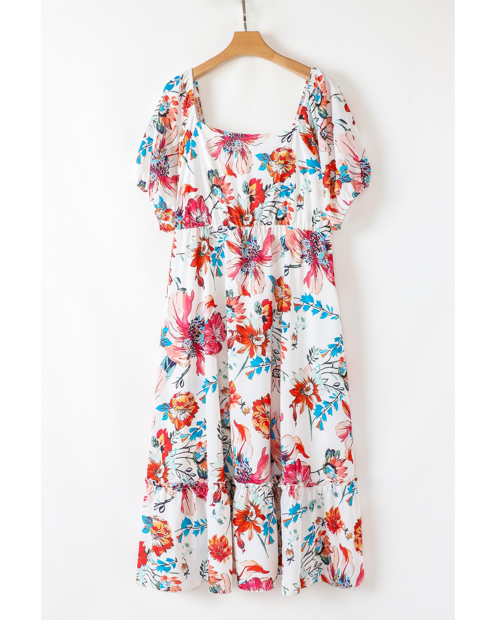 White Floral Square Neck Puff Sleeve Flowy Plus Size Midi Dress - 1X 6