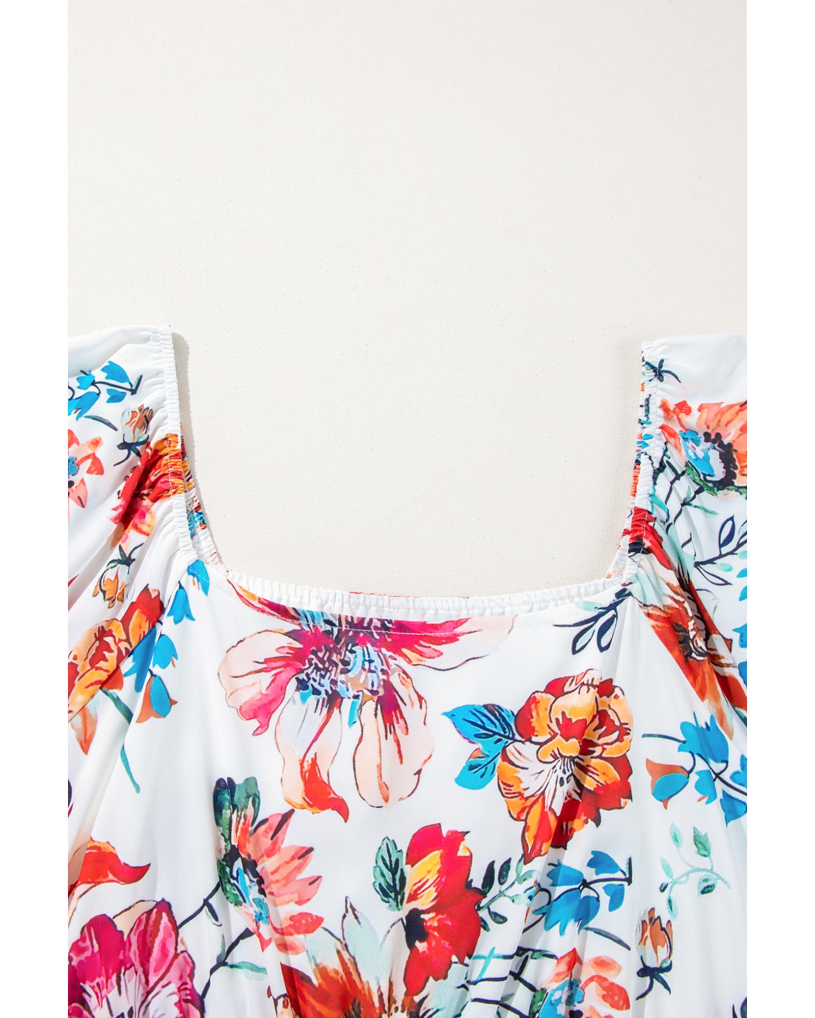 White Floral Square Neck Puff Sleeve Flowy Plus Size Midi Dress - 1X 7