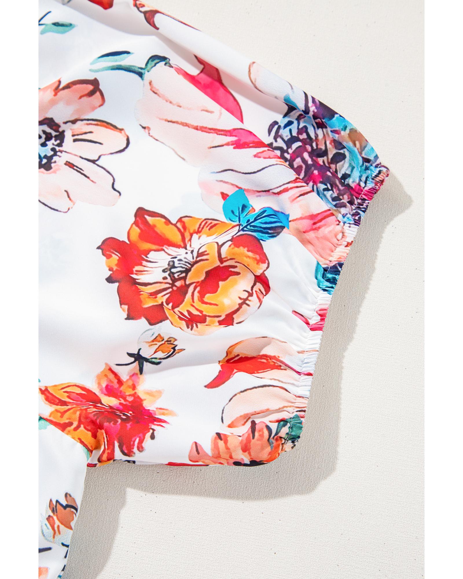 White Floral Square Neck Puff Sleeve Flowy Plus Size Midi Dress - 1X 8