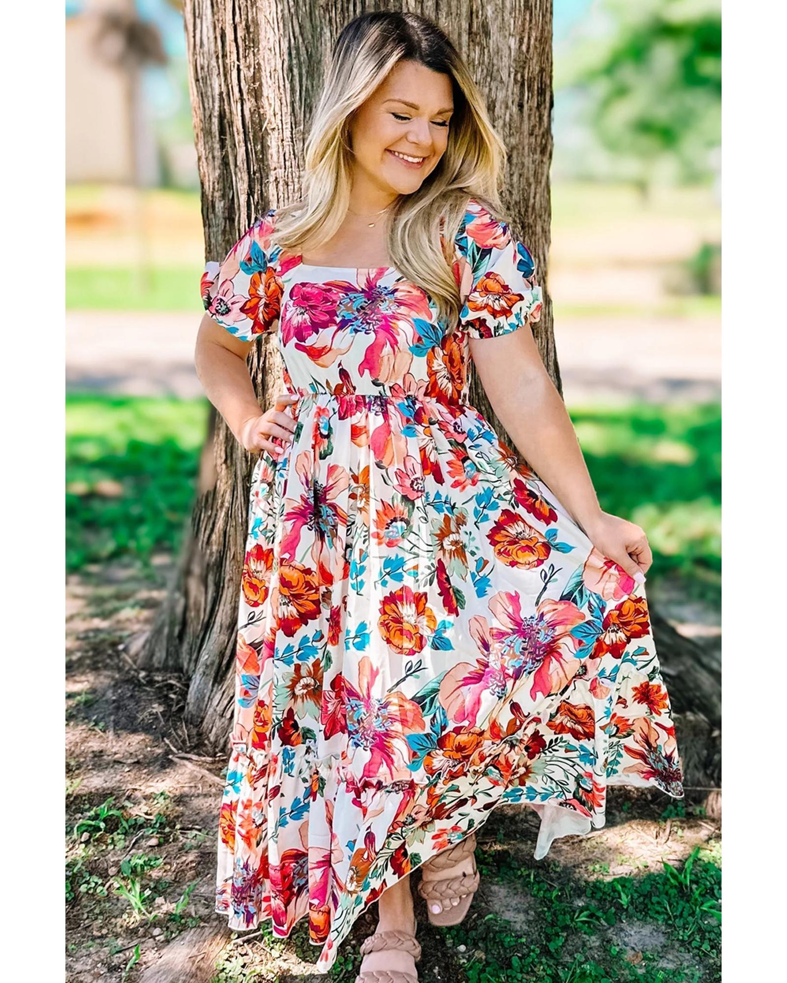 White Floral Square Neck Puff Sleeve Flowy Plus Size Midi Dress - 2X 3