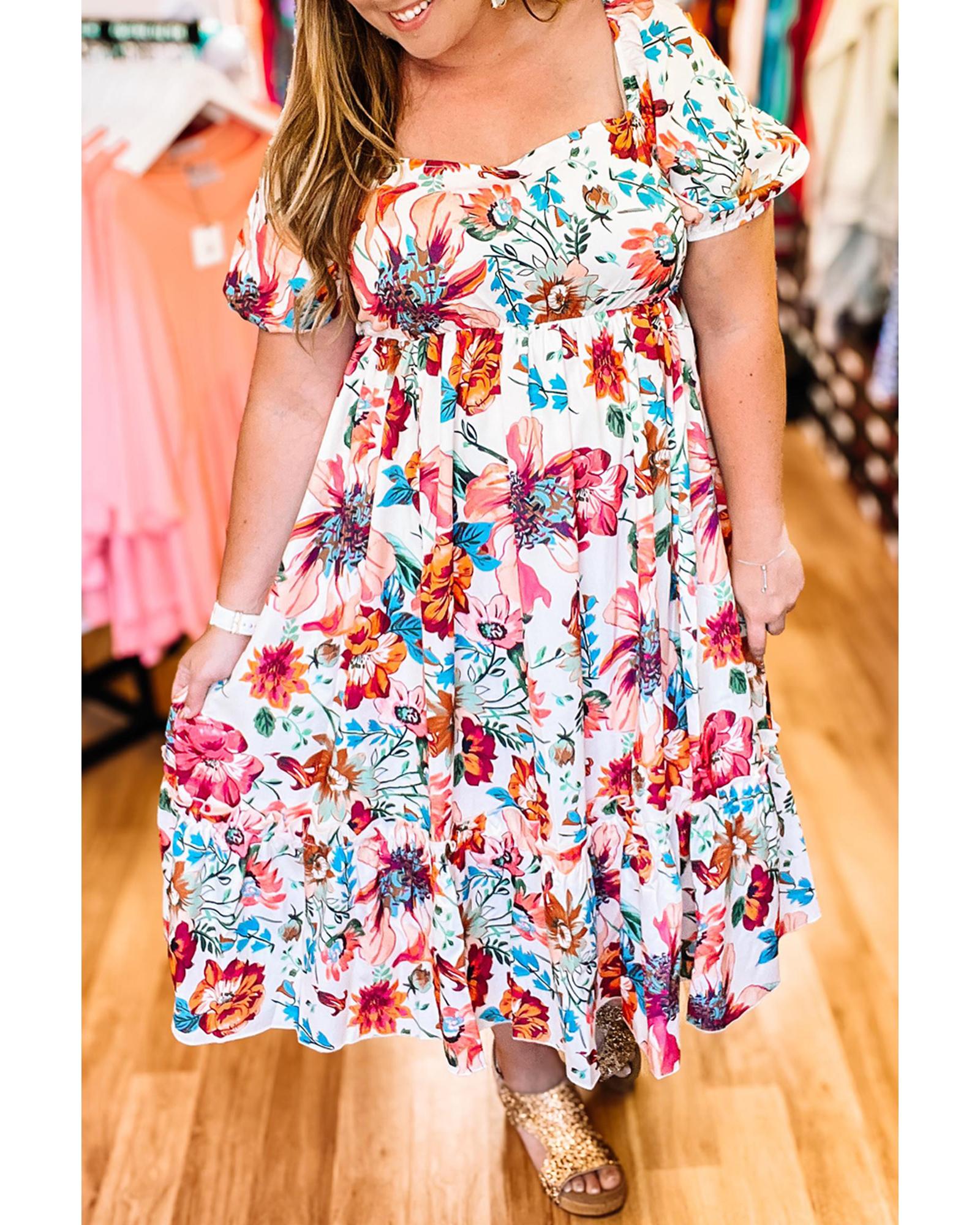 White Floral Square Neck Puff Sleeve Flowy Plus Size Midi Dress - 4X