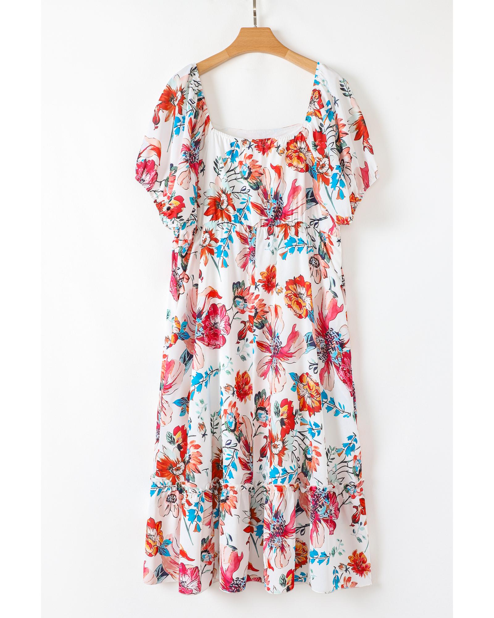 White Floral Square Neck Puff Sleeve Flowy Plus Size Midi Dress - 4X 5