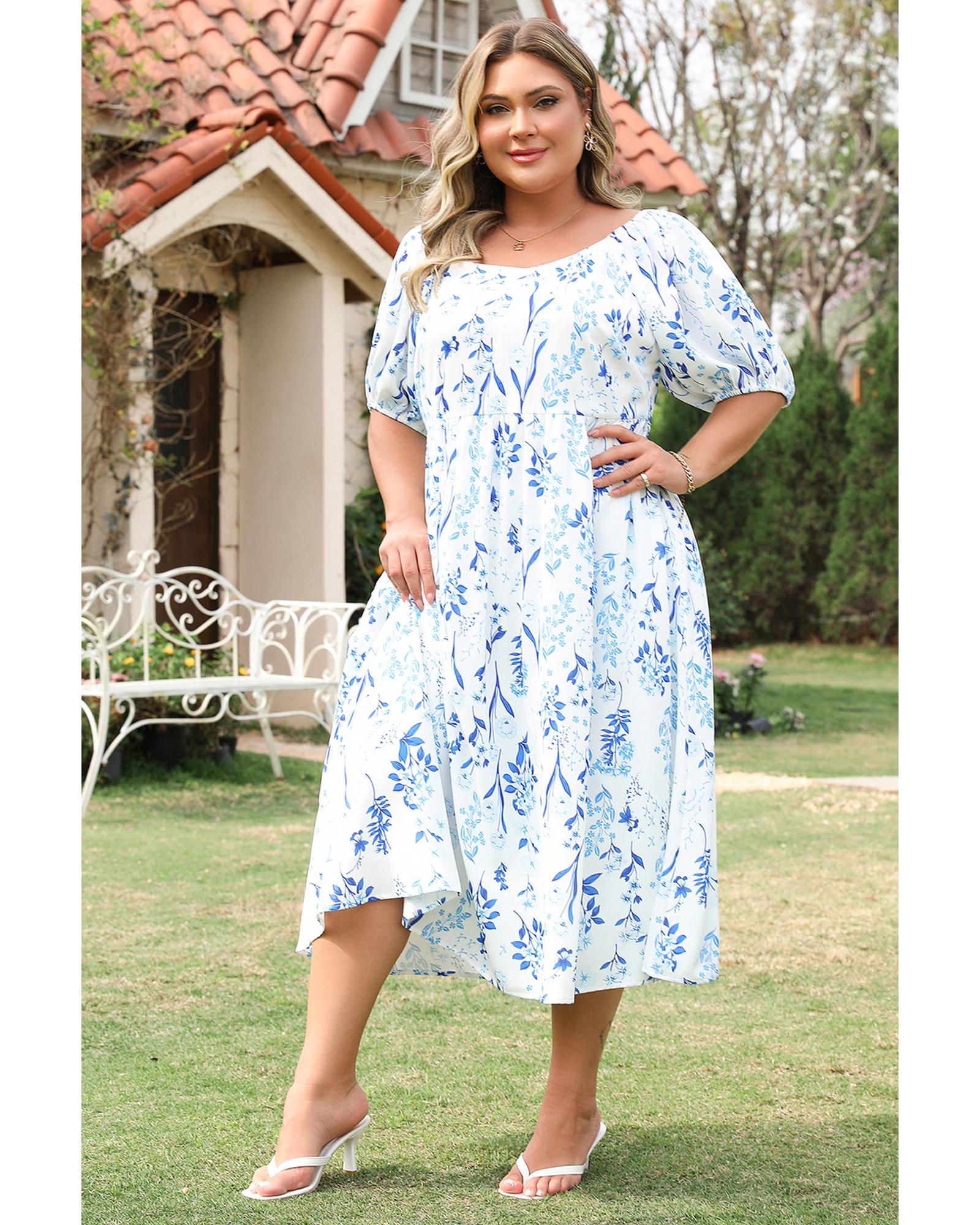 Sky Blue Floral Print Sweetheart Neck Plus Size Midi Dress - 1X