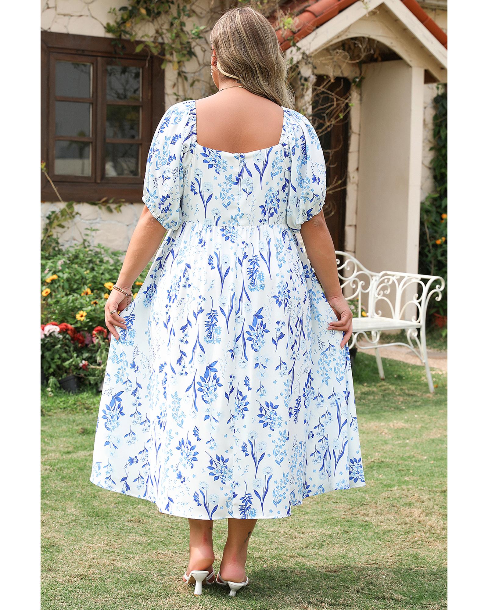Sky Blue Floral Print Sweetheart Neck Plus Size Midi Dress - 1X