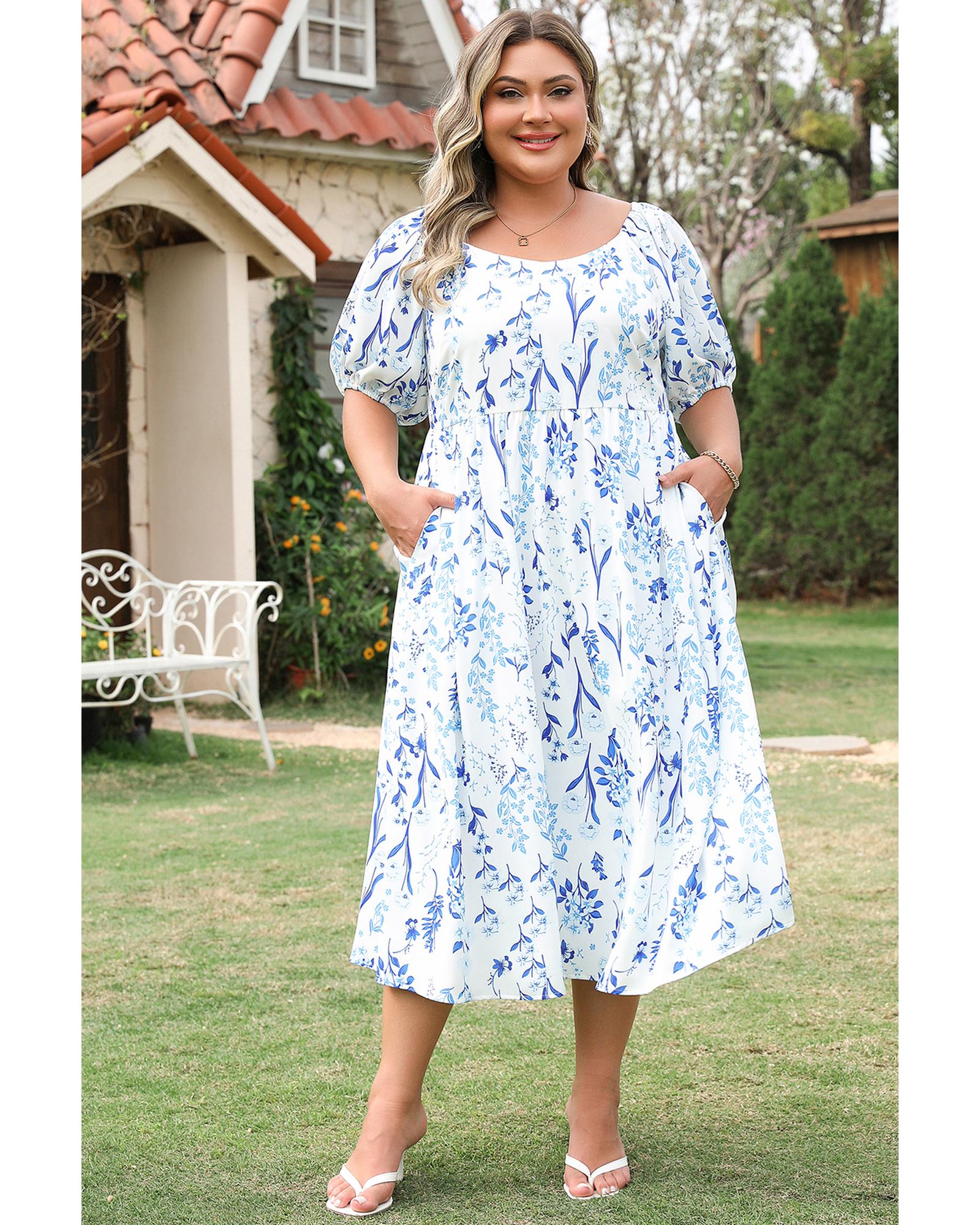 Sky Blue Floral Print Sweetheart Neck Plus Size Midi Dress - 3X 4