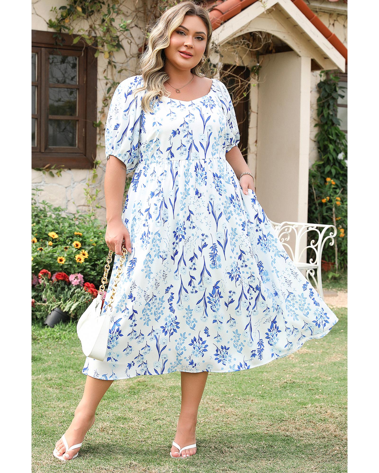 Sky Blue Floral Print Sweetheart Neck Plus Size Midi Dress - 3X 6