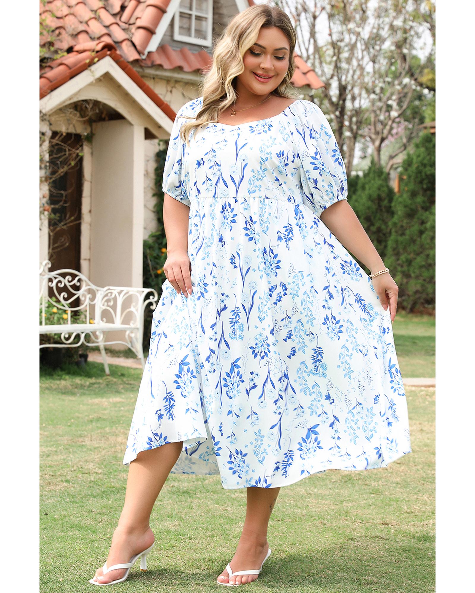 Sky Blue Floral Print Sweetheart Neck Plus Size Midi Dress - 4X 3