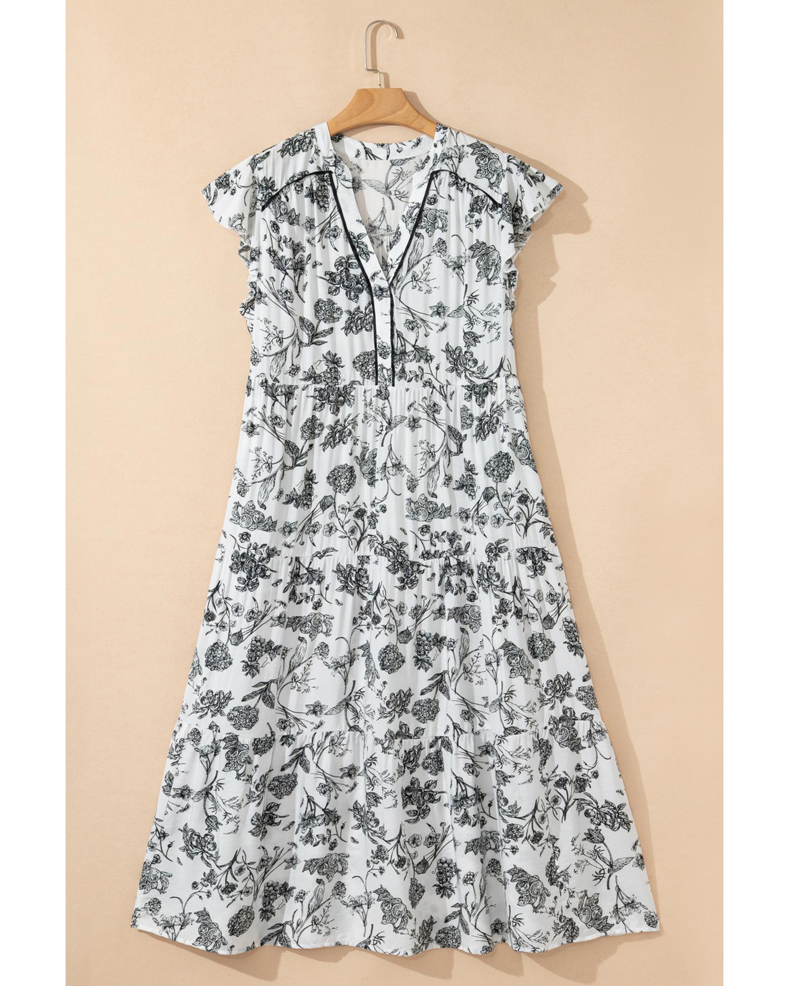 Black Floral Print Piping Trim Notched Neck Ruffle Sleeve Plus Size Long Dress - 1X 6