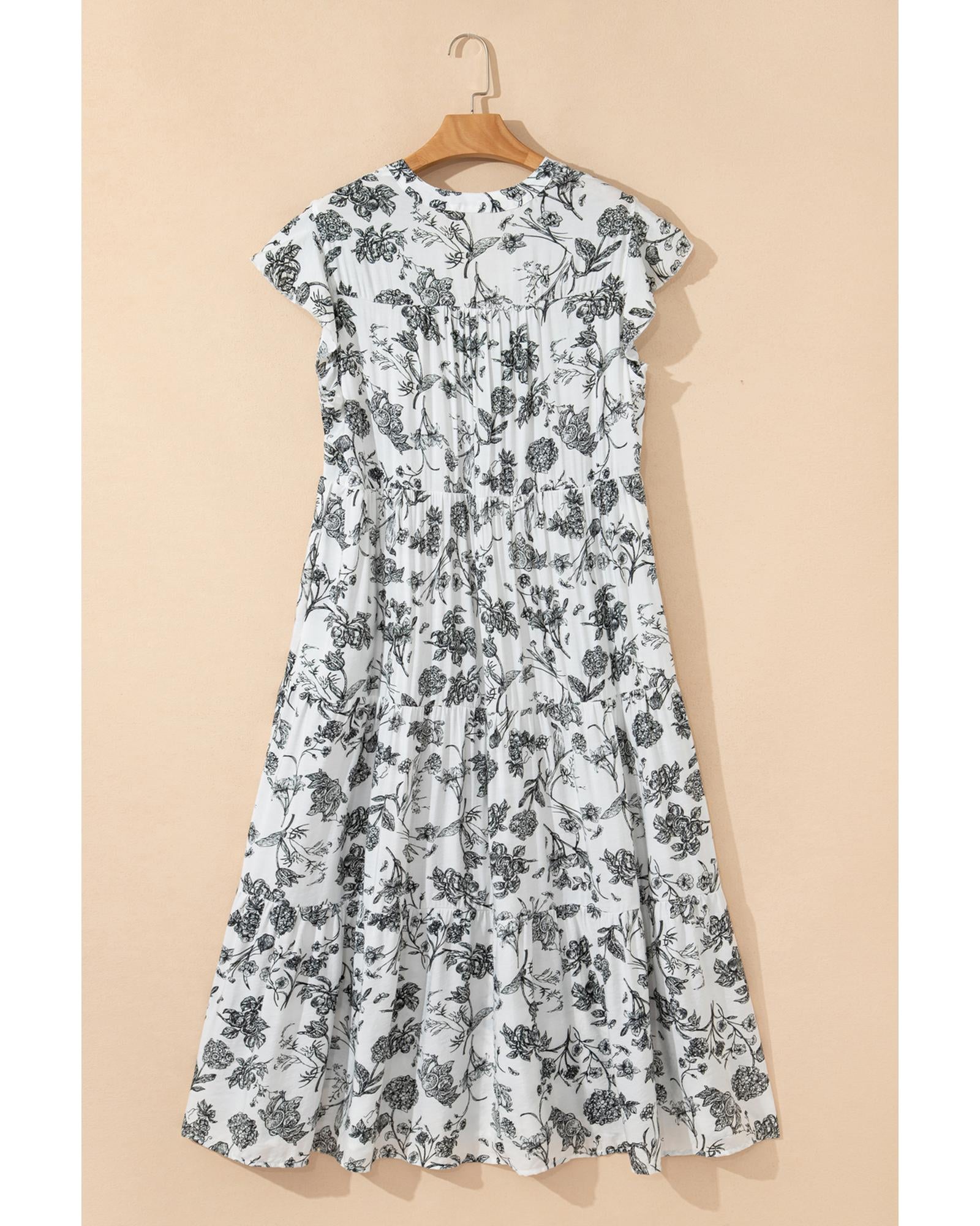 Black Floral Print Piping Trim Notched Neck Ruffle Sleeve Plus Size Long Dress - 1X 7