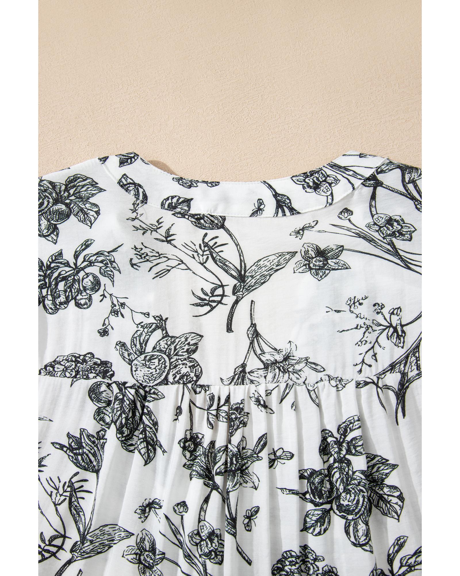 Black Floral Print Piping Trim Notched Neck Ruffle Sleeve Plus Size Long Dress - 1X 8