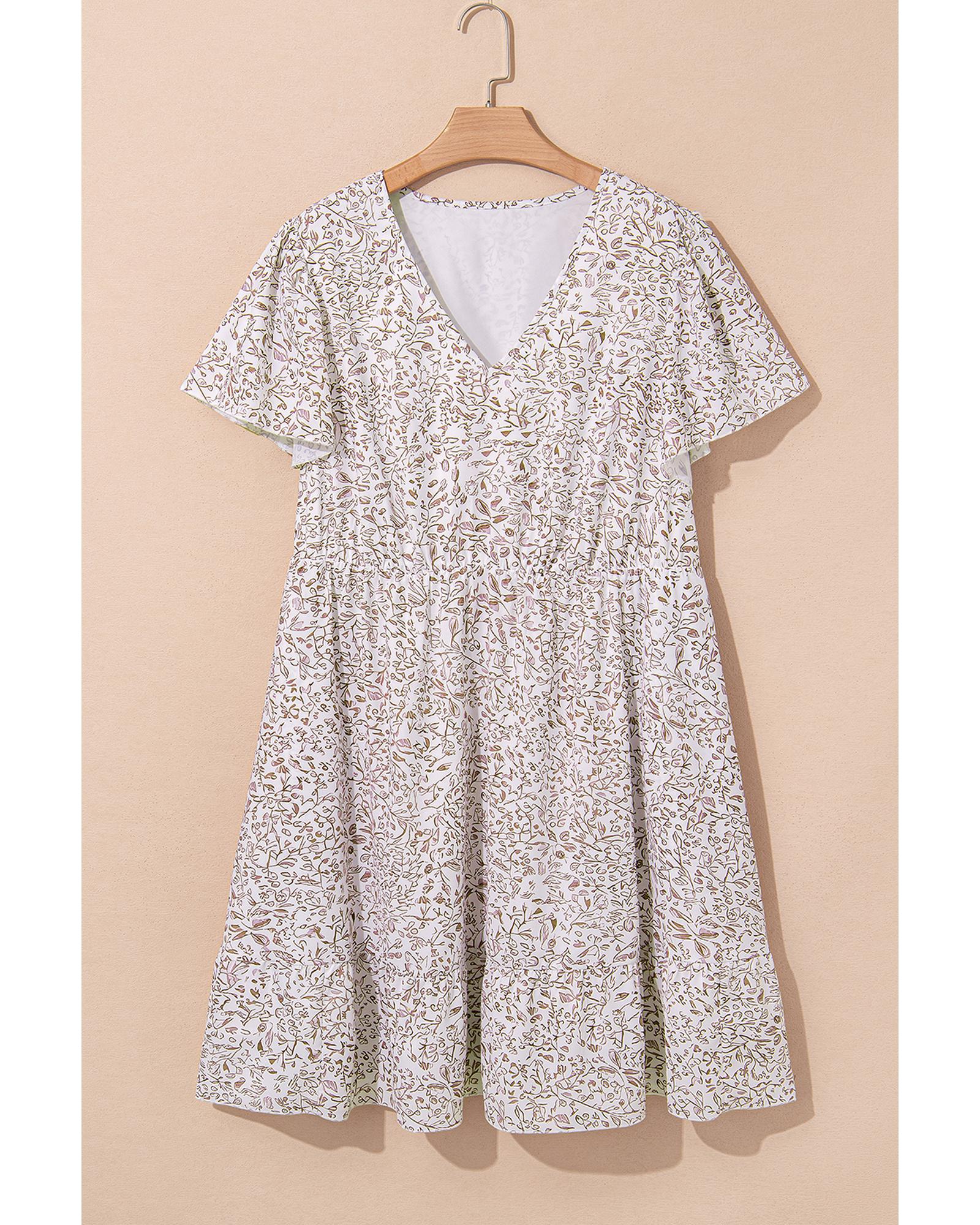 White Floral V Neck Ruffled Short Sleeve Plus Size Dress - 2X
