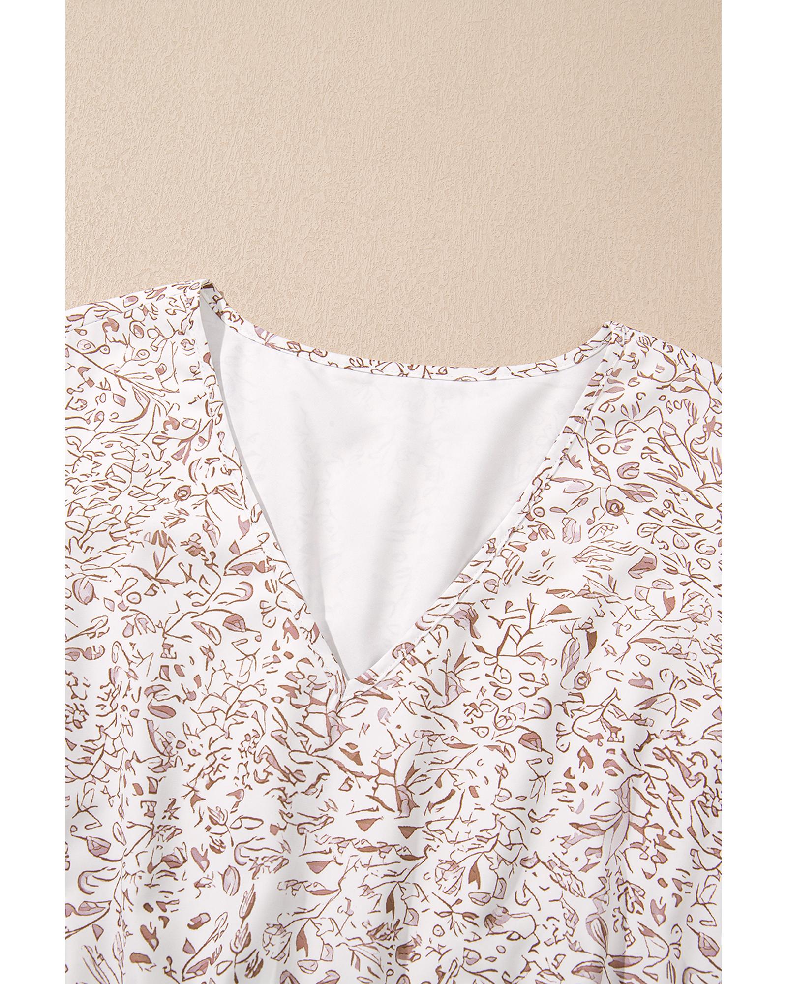 White Floral V Neck Ruffled Short Sleeve Plus Size Dress - 2X 7
