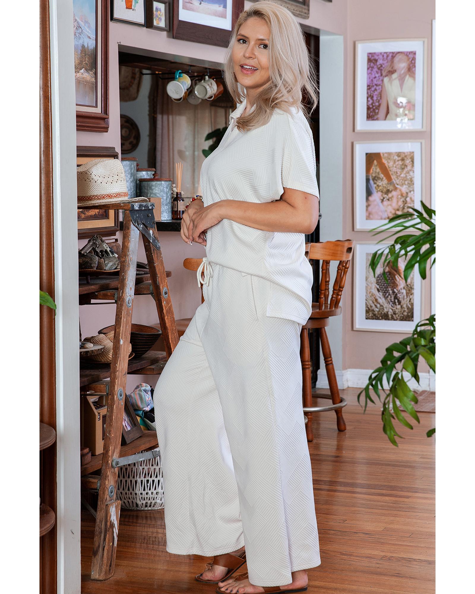 Beige Plus Size Textured Collared Top and Pants Set - 1X 3