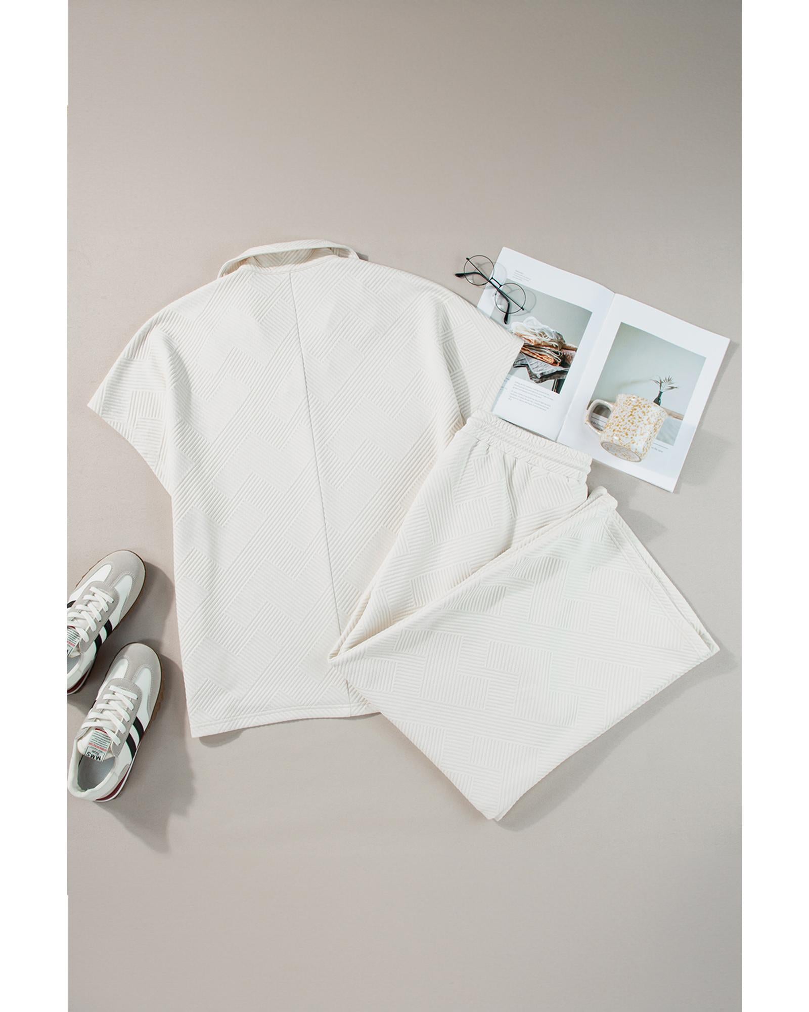 Beige Plus Size Textured Collared Top and Pants Set - 1X 5