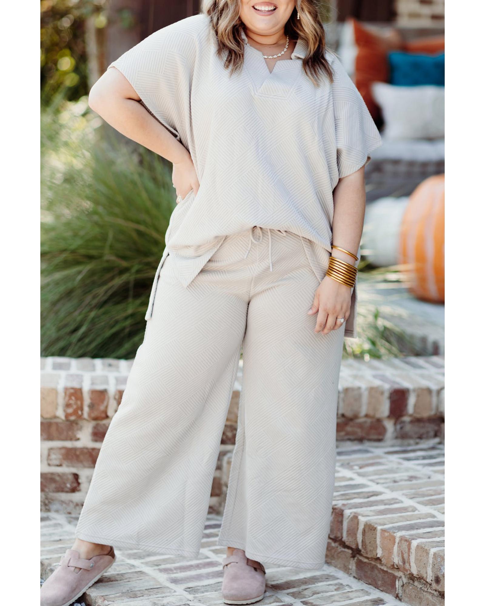 Beige Plus Size Textured Collared Top and Pants Set - 1X 6