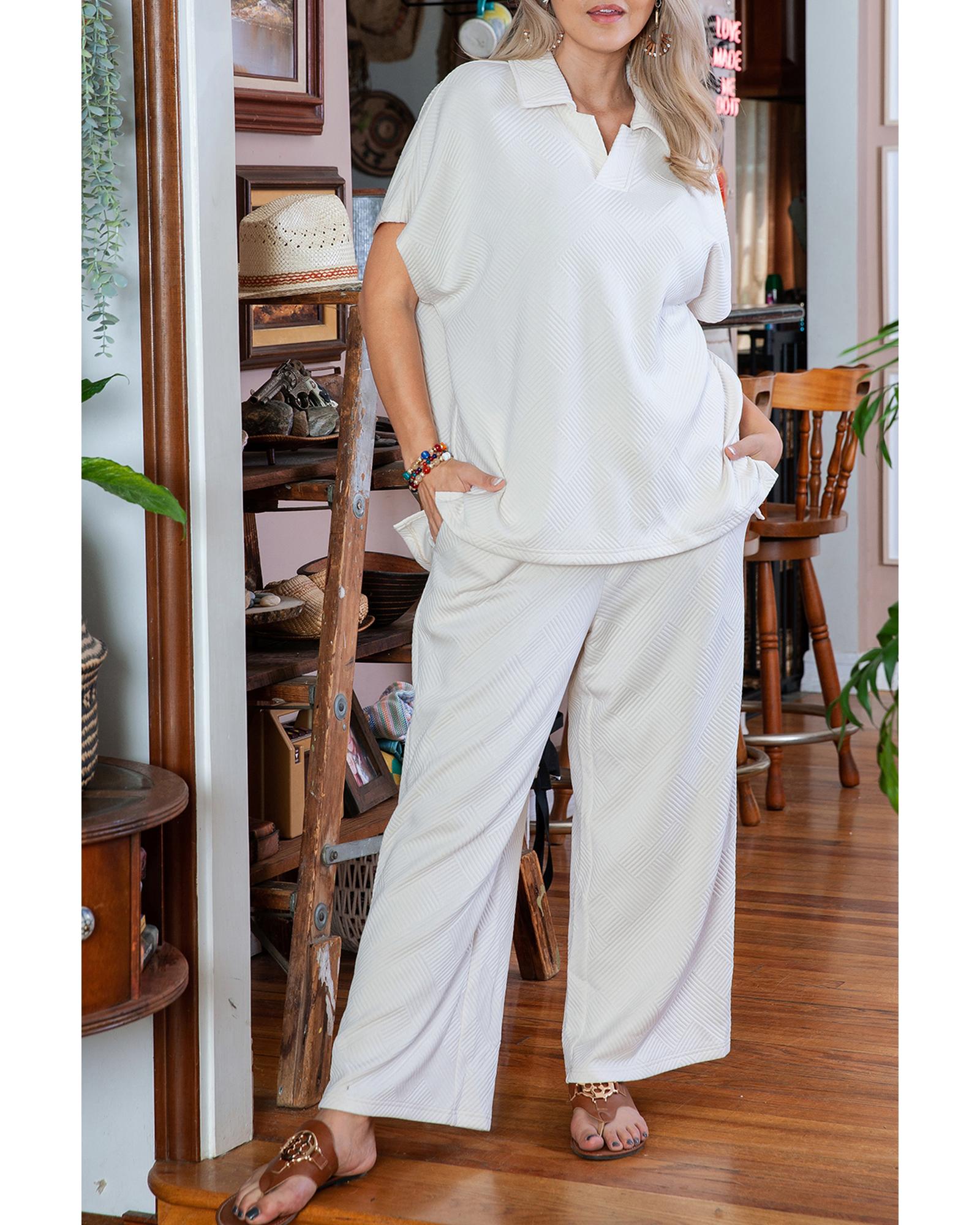 Beige Plus Size Textured Collared Top and Pants Set - 2X 5