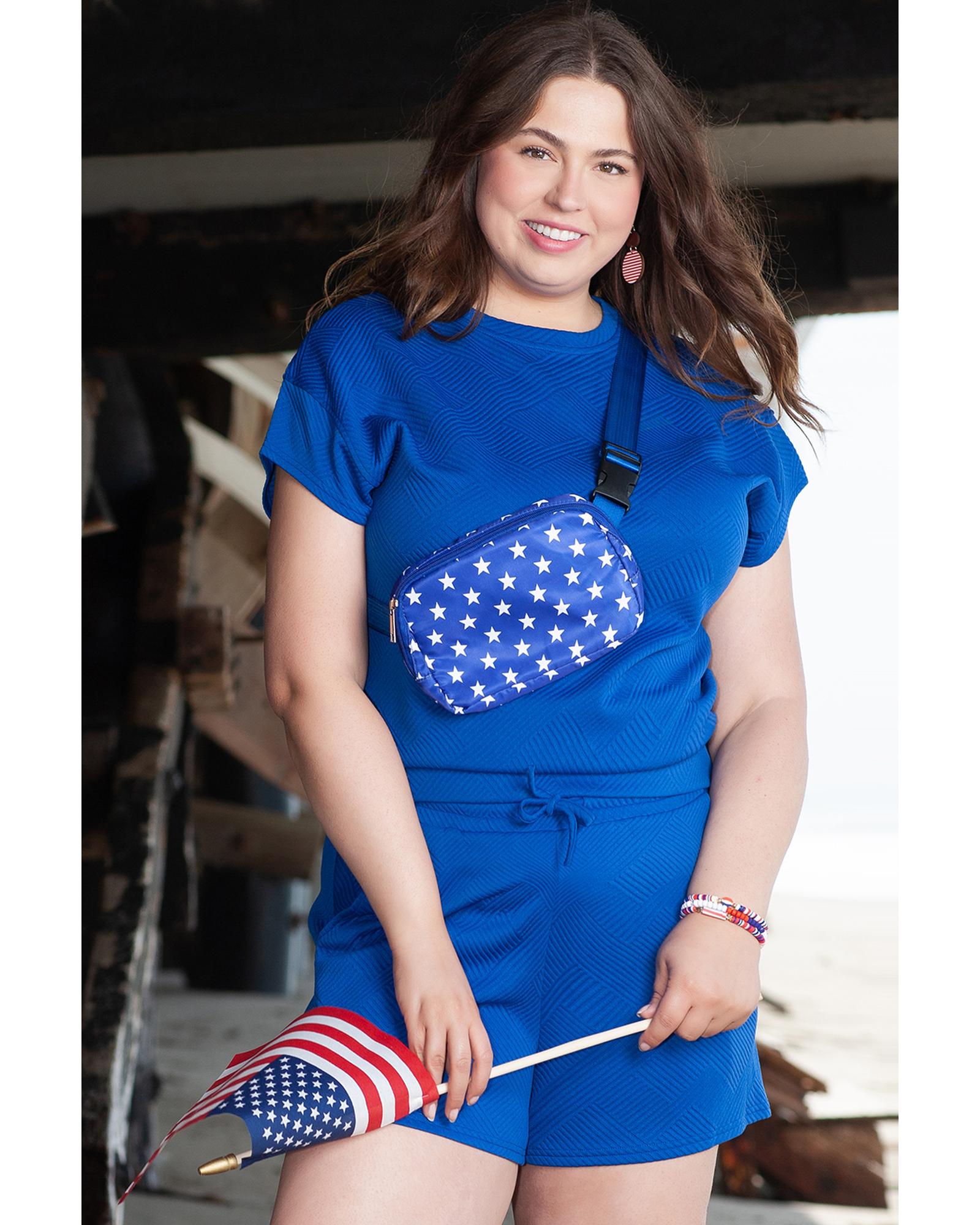 Dark Blue Plus Size Fashion Textured Short 2pcs Outfit - 1X 3