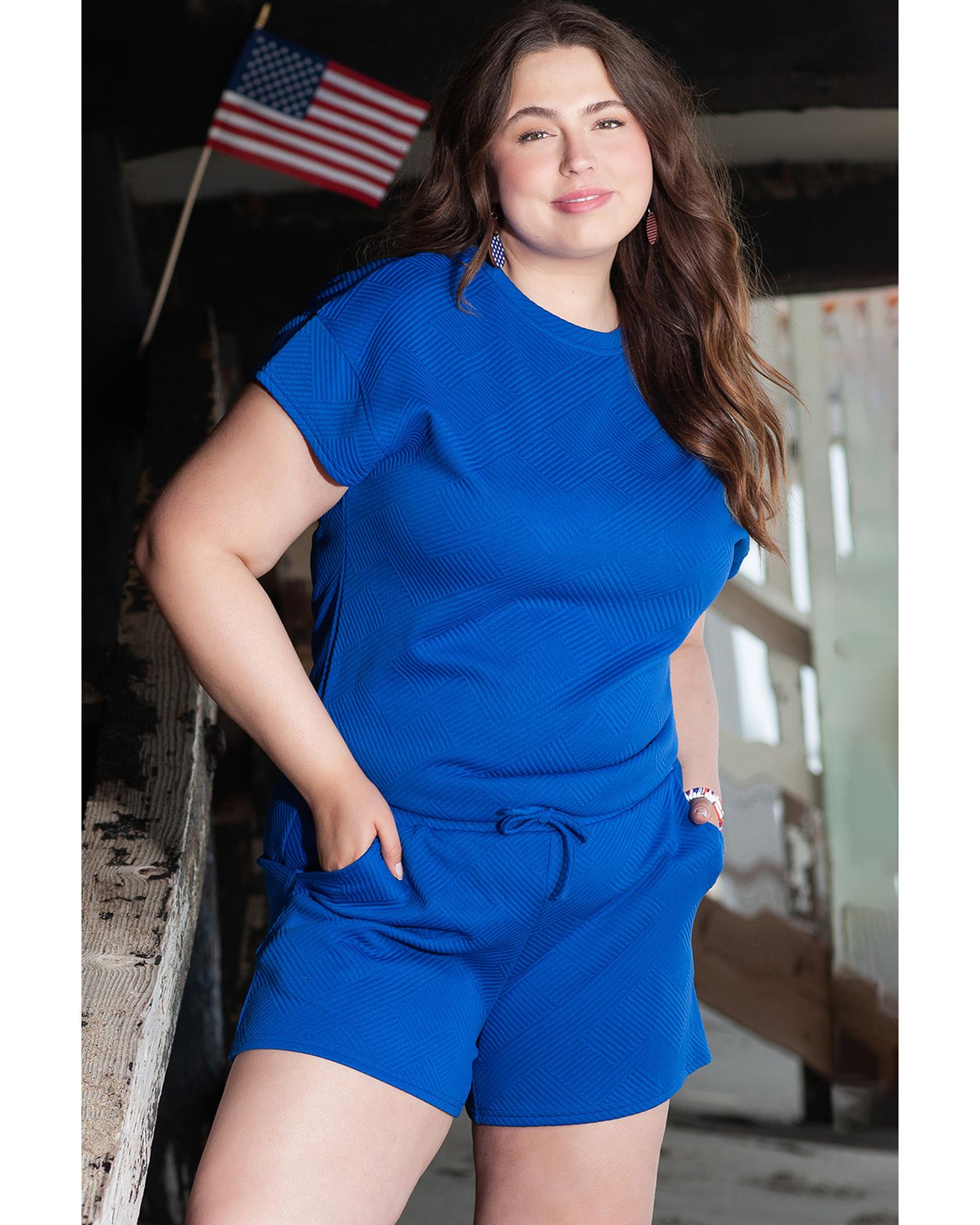 Dark Blue Plus Size Fashion Textured Short 2pcs Outfit - 2X 7