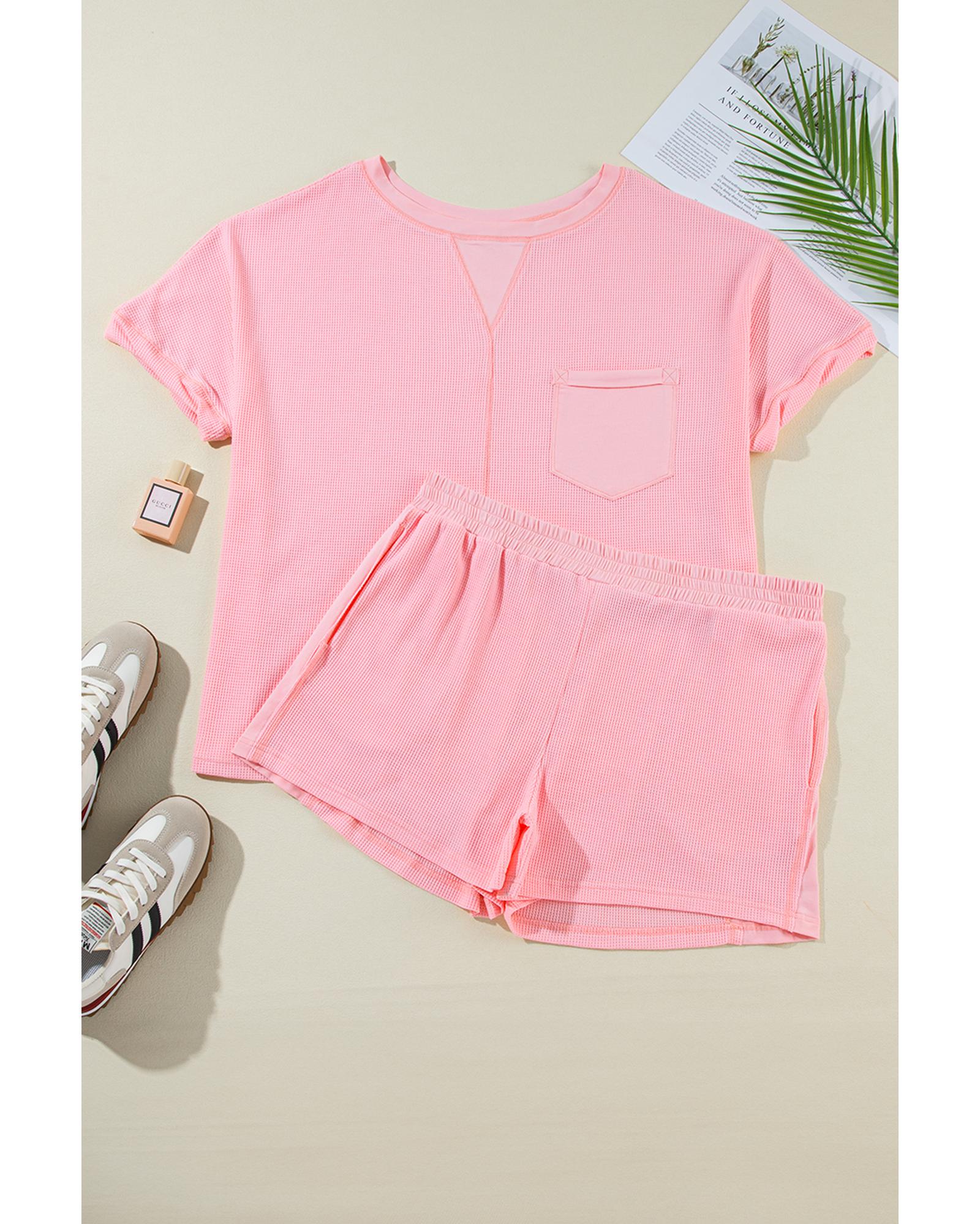 Pink Plus Size Ribbed Exposed Seam Tee and Shorts Set - 3X 3
