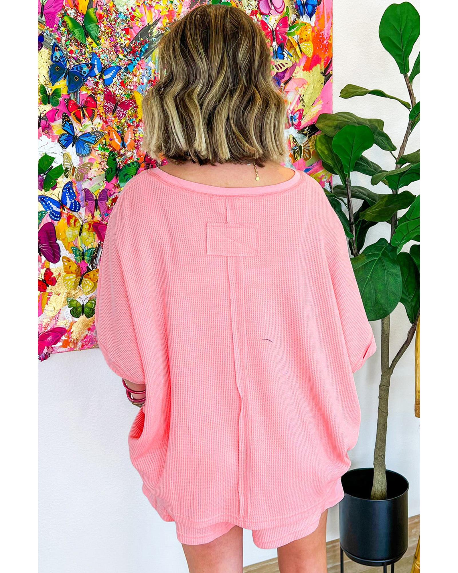 Pink Plus Size Ribbed Exposed Seam Tee and Shorts Set - 3X 8