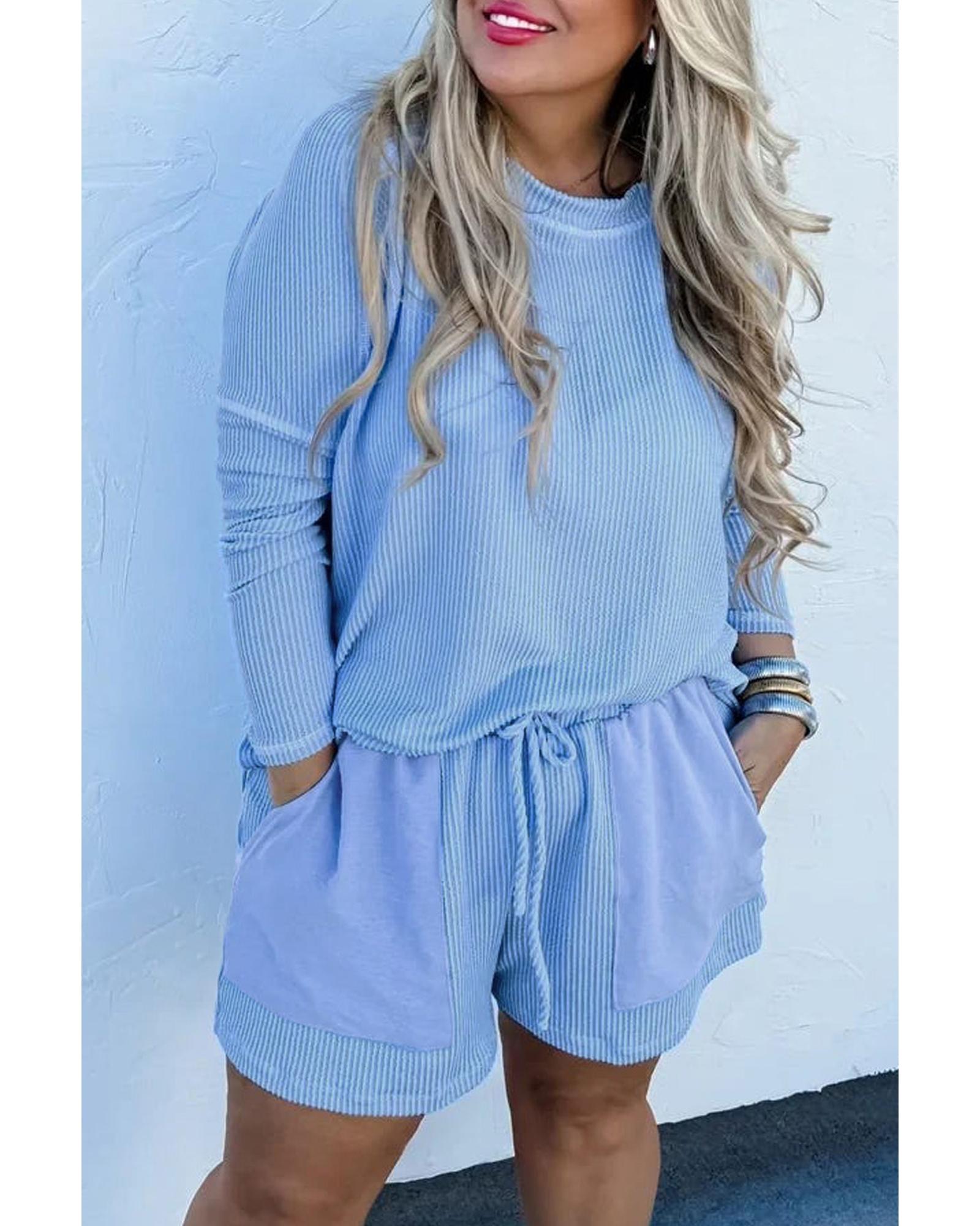 Light Blue Plus Size Ribbed Long Sleeve Top and Drawstring Shorts Set - 1X 8