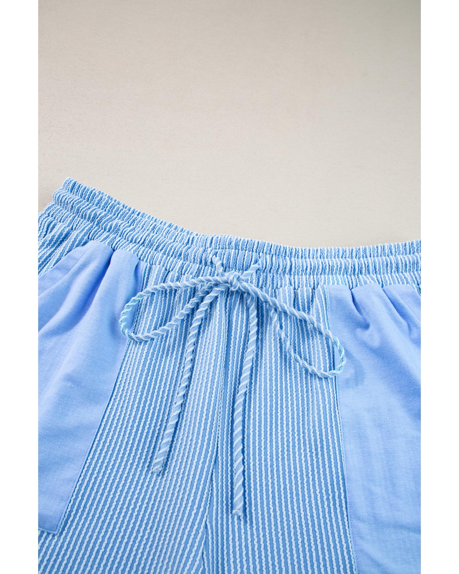 Light Blue Plus Size Ribbed Long Sleeve Top and Drawstring Shorts Set - 3X 4