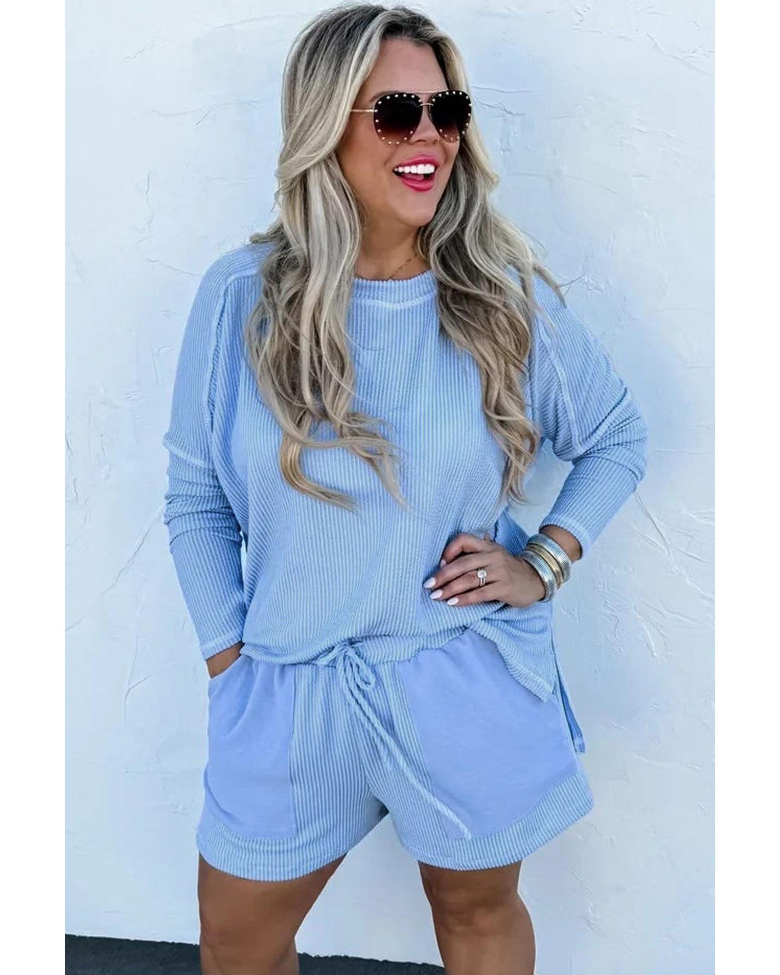 Light Blue Plus Size Ribbed Long Sleeve Top and Drawstring Shorts Set - 3X 5