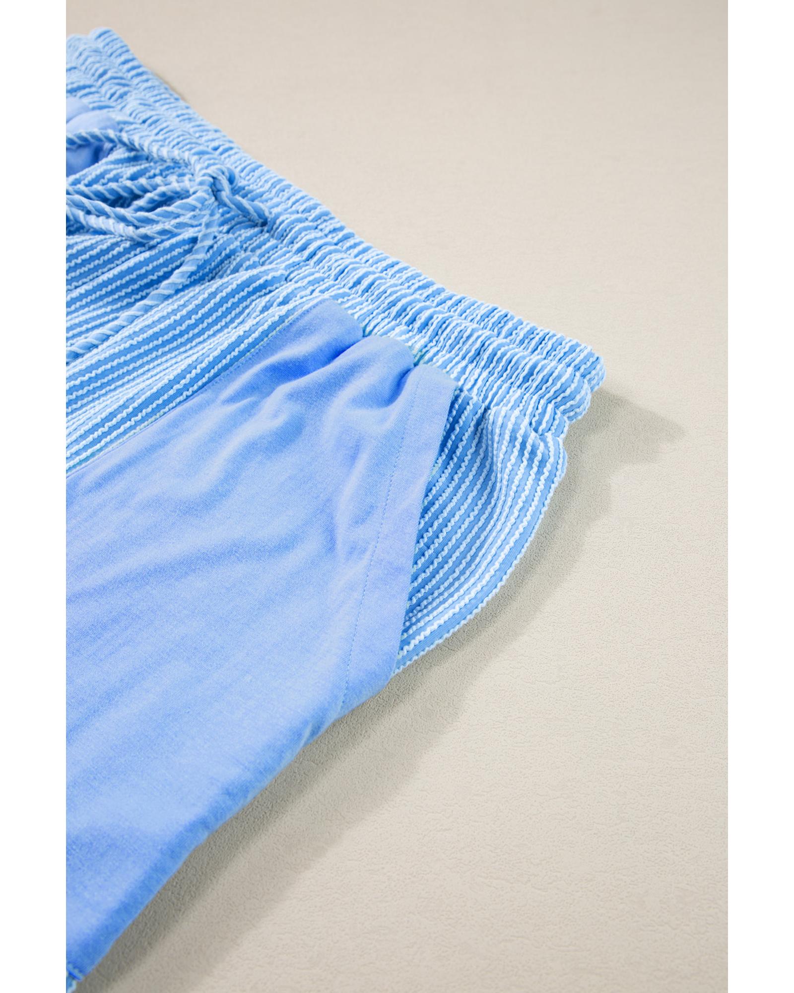 Light Blue Plus Size Ribbed Long Sleeve Top and Drawstring Shorts Set - 3X 6