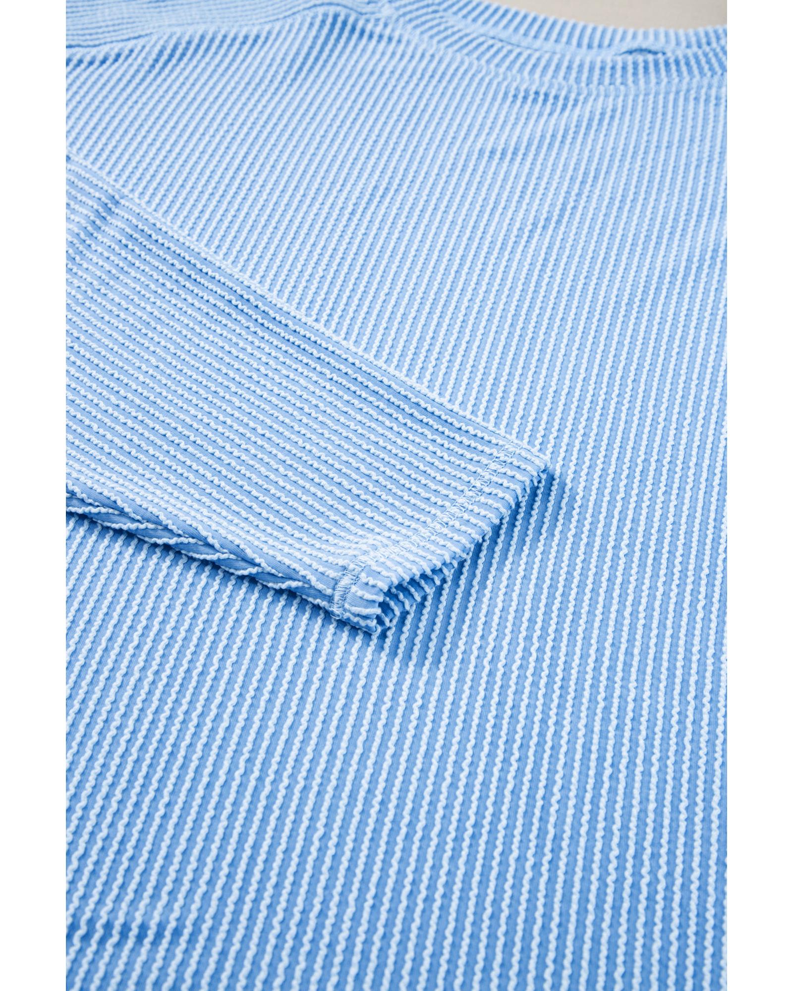 Light Blue Plus Size Ribbed Long Sleeve Top and Drawstring Shorts Set - 3X 7