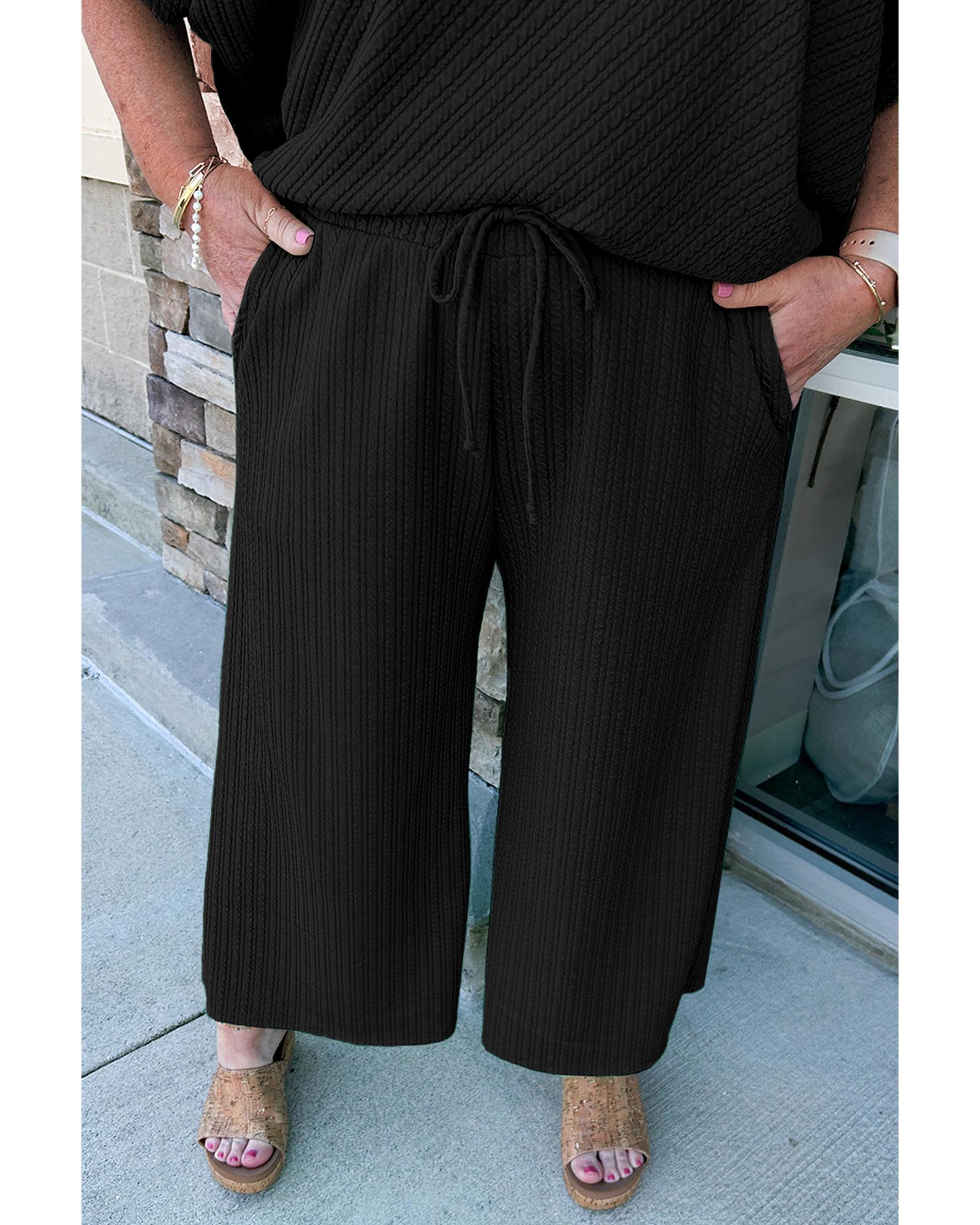 Black Textured Batwing Sleeve Tee Wide Leg Pants Plus Size Set - 4X 4