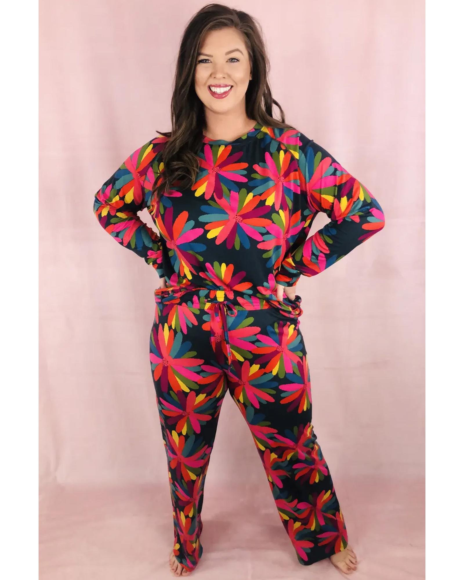 Black Plus Size Printed Long Sleeve and Pants Lounge Set - 4X 8