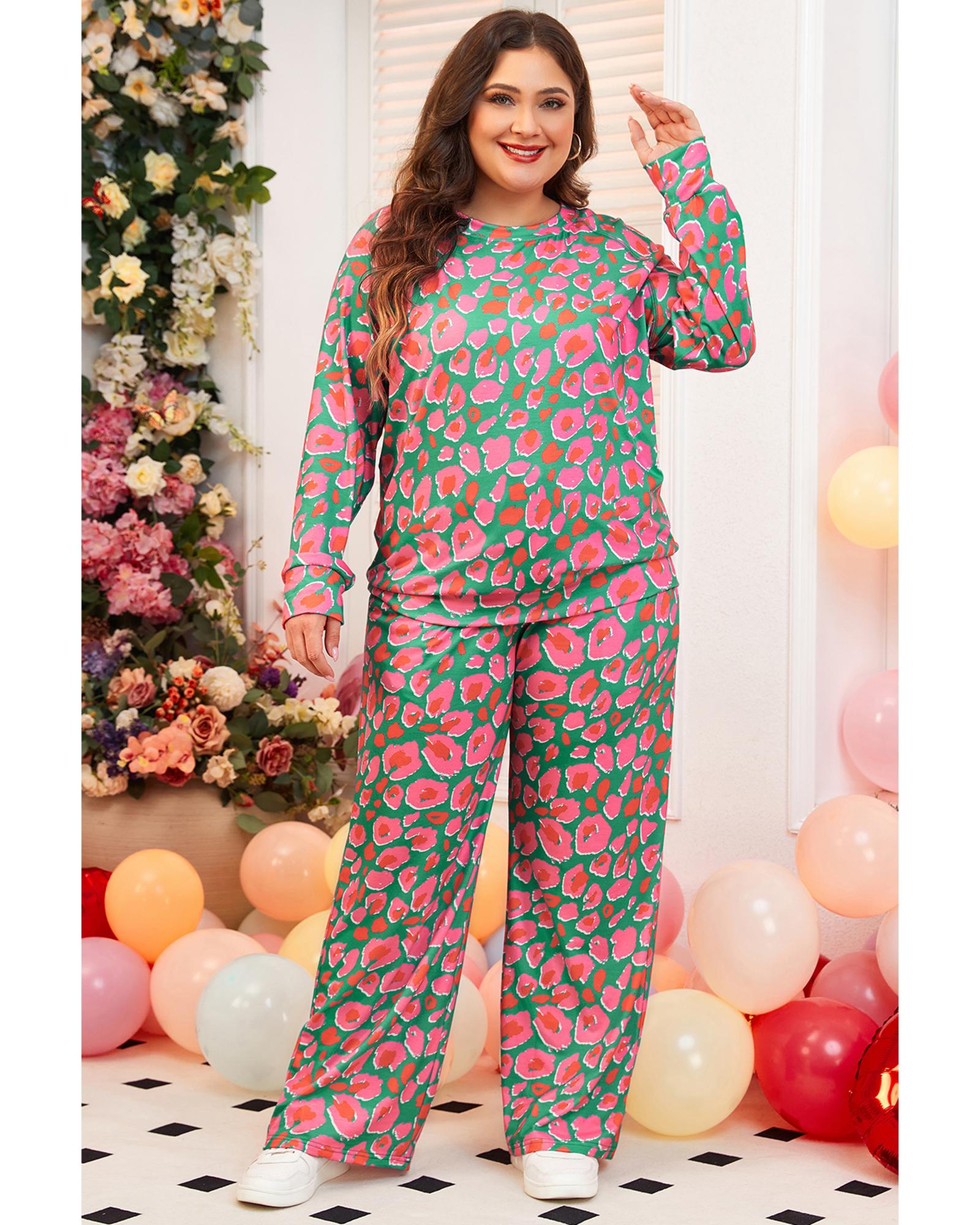 Green Plus Size Printed Long Sleeve and Pants Lounge Set - 1X