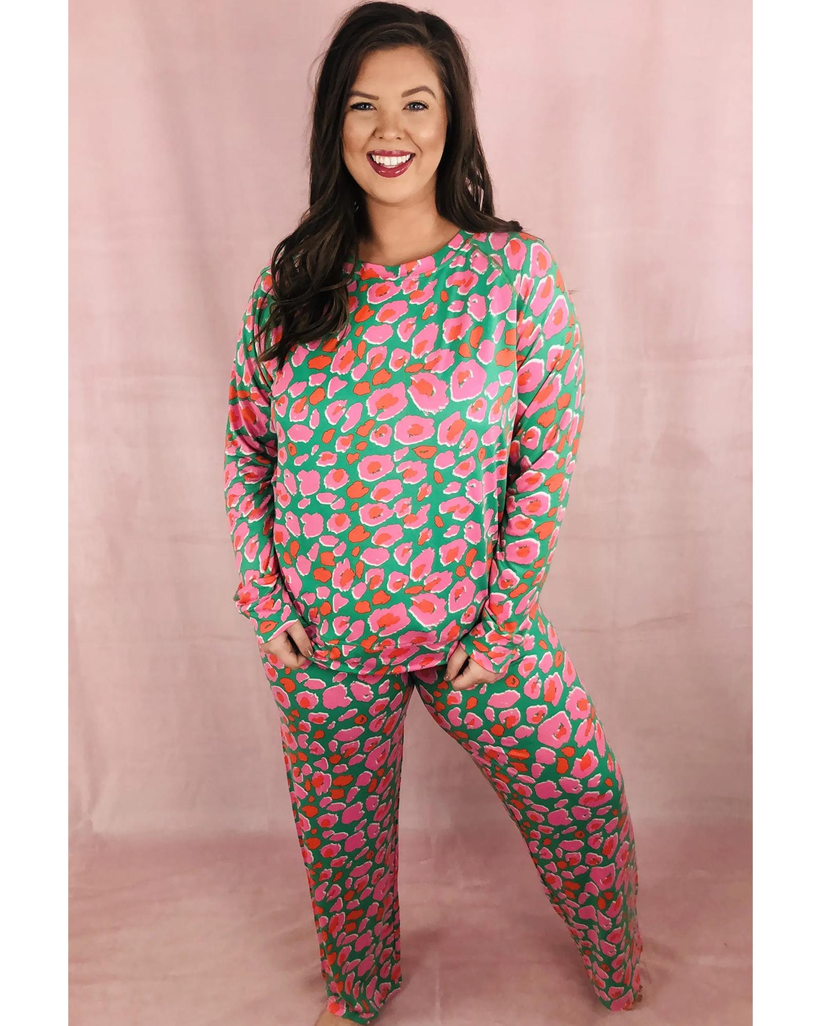 Green Plus Size Printed Long Sleeve and Pants Lounge Set - 2X 4