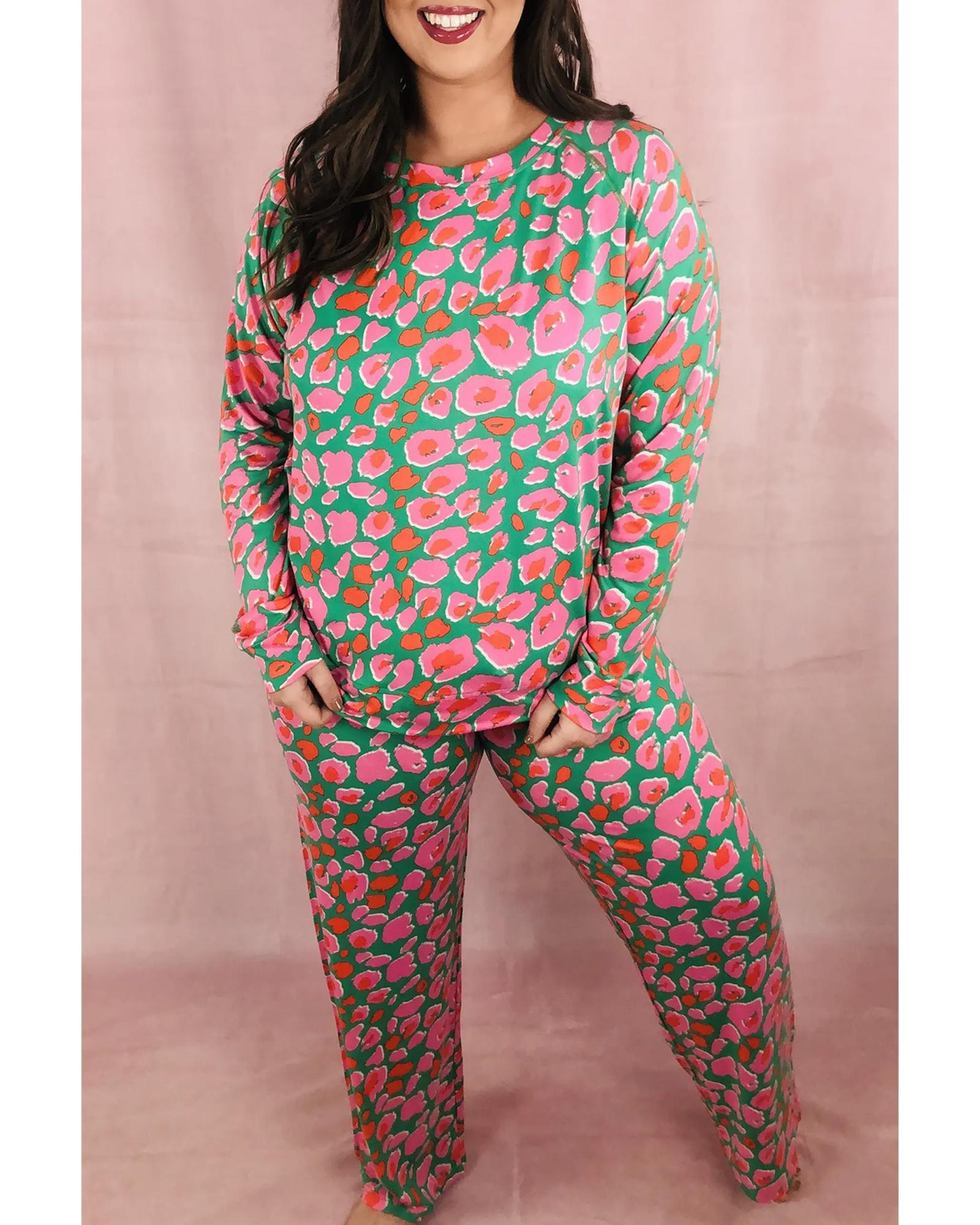 Green Plus Size Printed Long Sleeve and Pants Lounge Set - 2X 8