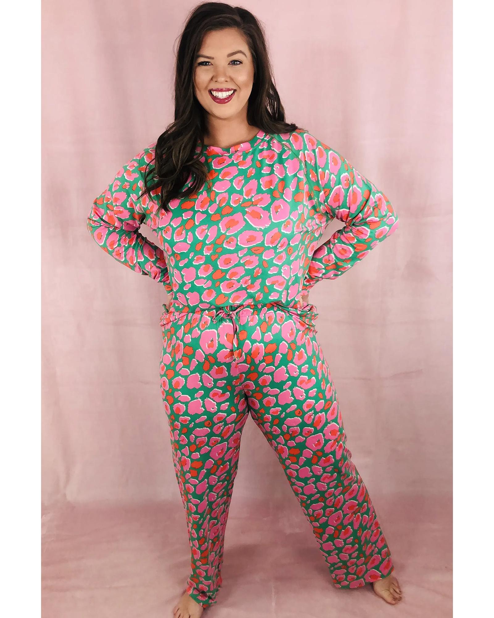Green Plus Size Printed Long Sleeve and Pants Lounge Set - 3X 7