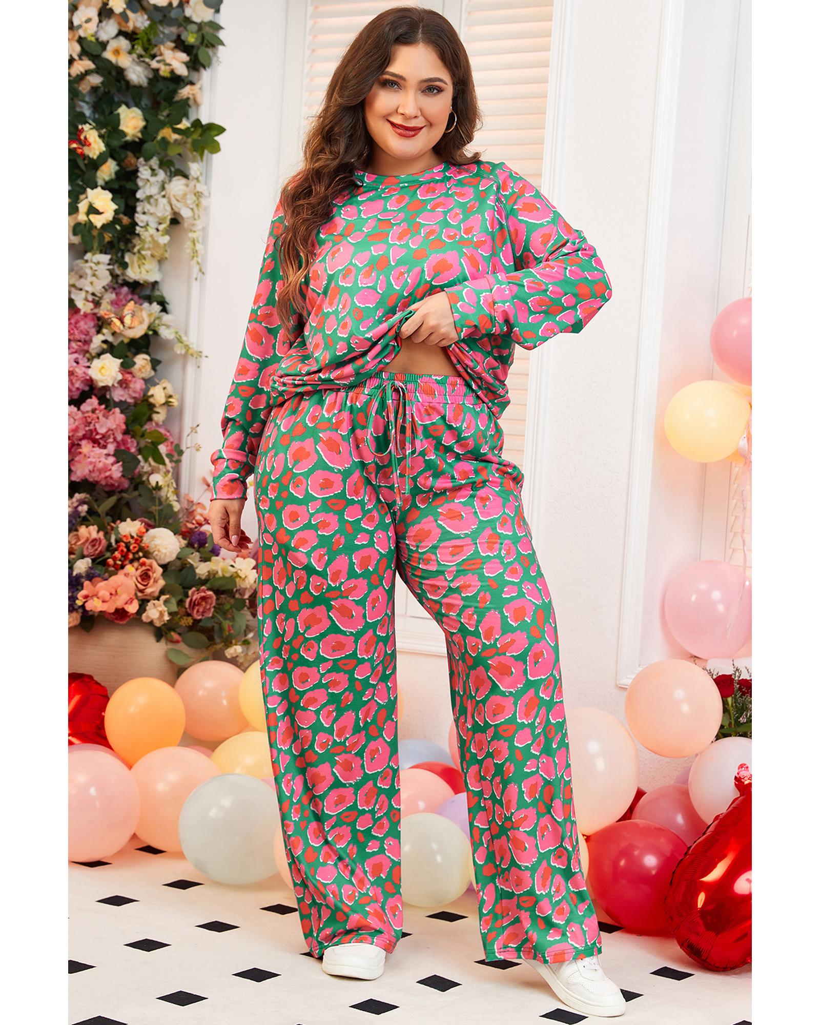 Green Plus Size Printed Long Sleeve and Pants Lounge Set - 4X 5
