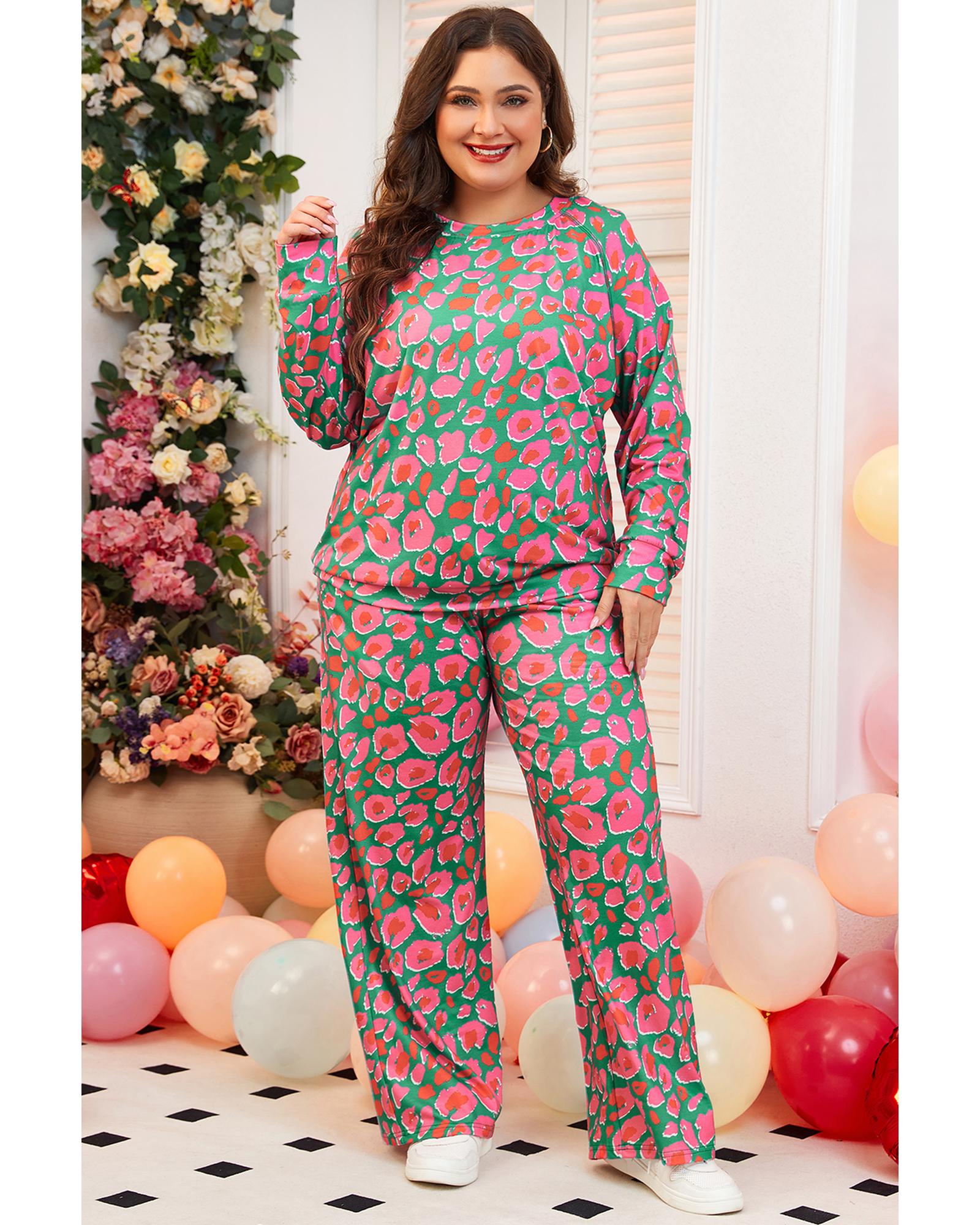 Green Plus Size Printed Long Sleeve and Pants Lounge Set - 4X 6