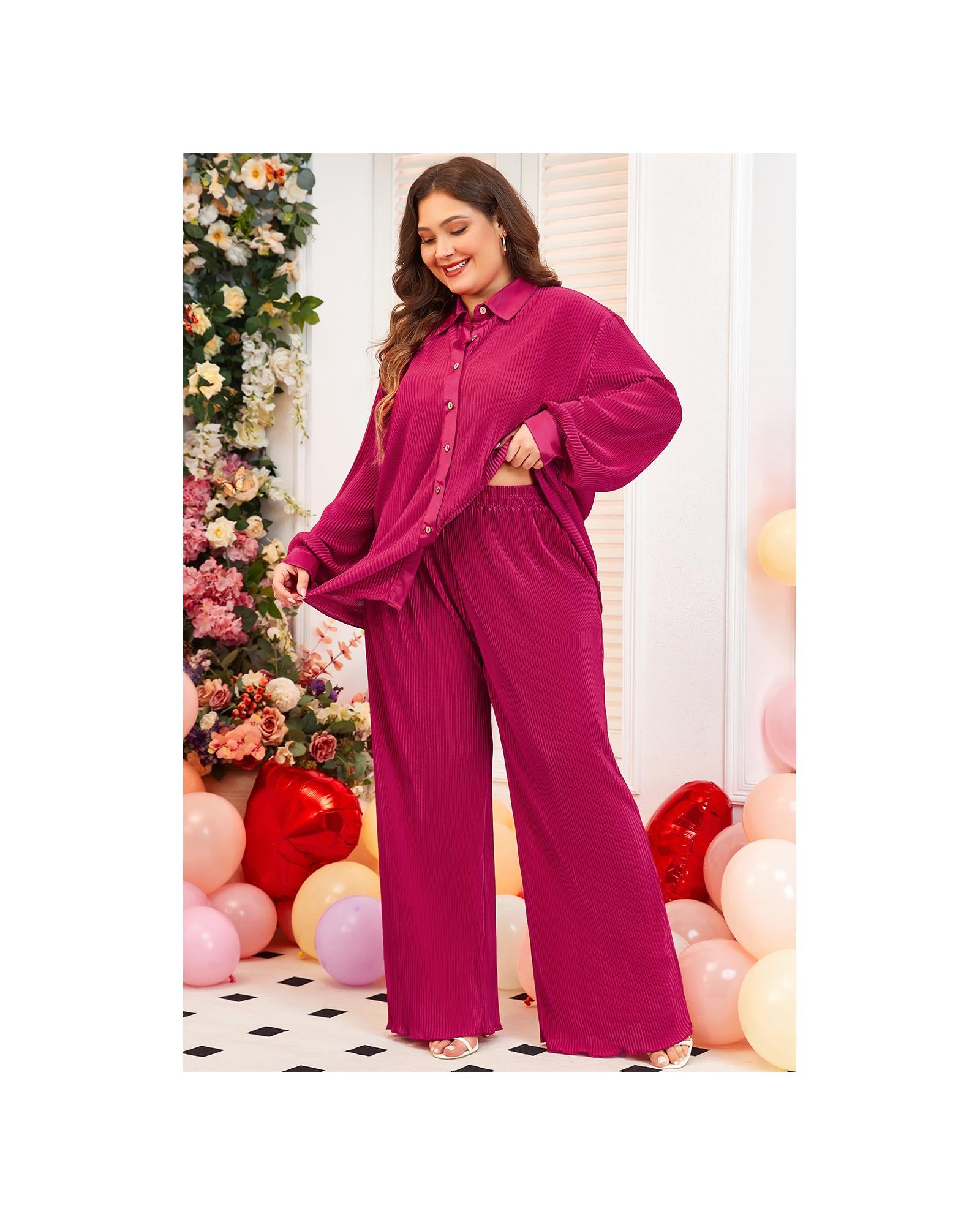Rose Red Plus Size Ribbed Long Sleeve Shirt and Pants Pajama Set - 3X